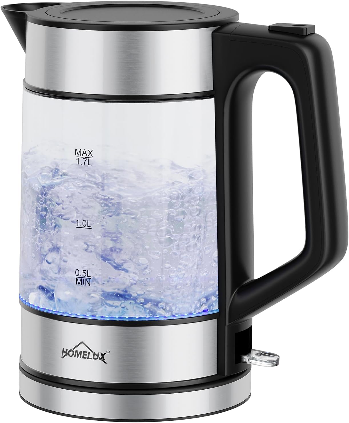 HOMELUX 1,7L Glaswasserkocher mit blauer LED, 2200W, Borosilikatglas, Edelstahl, BPA-frei, Automatische Abschaltung & Trockengehschutz