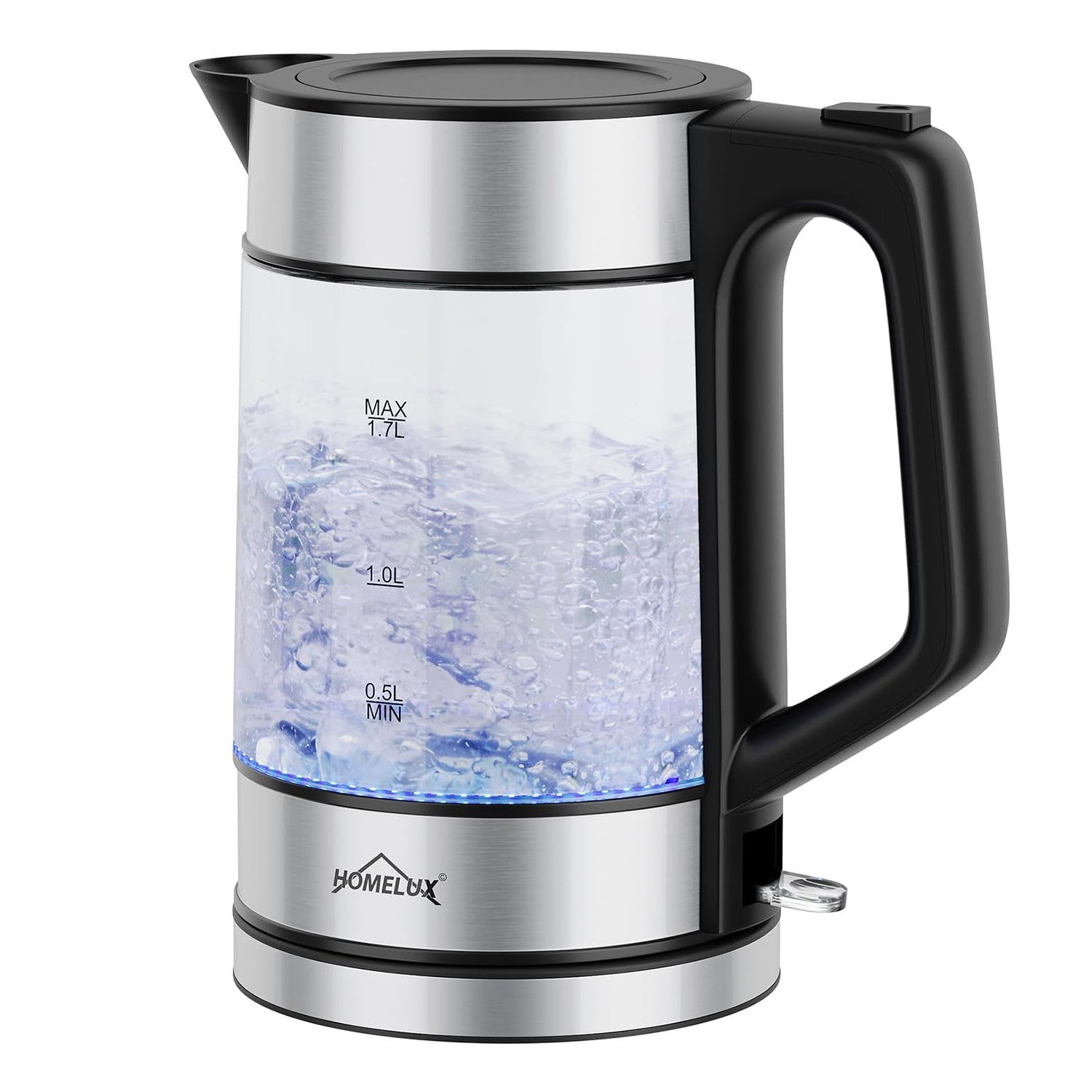 HOMELUX 1,7L Glaswasserkocher mit blauer LED, 2200W, Borosilikatglas, Edelstahl, BPA-frei, Automatische Abschaltung & Trockengehschutz