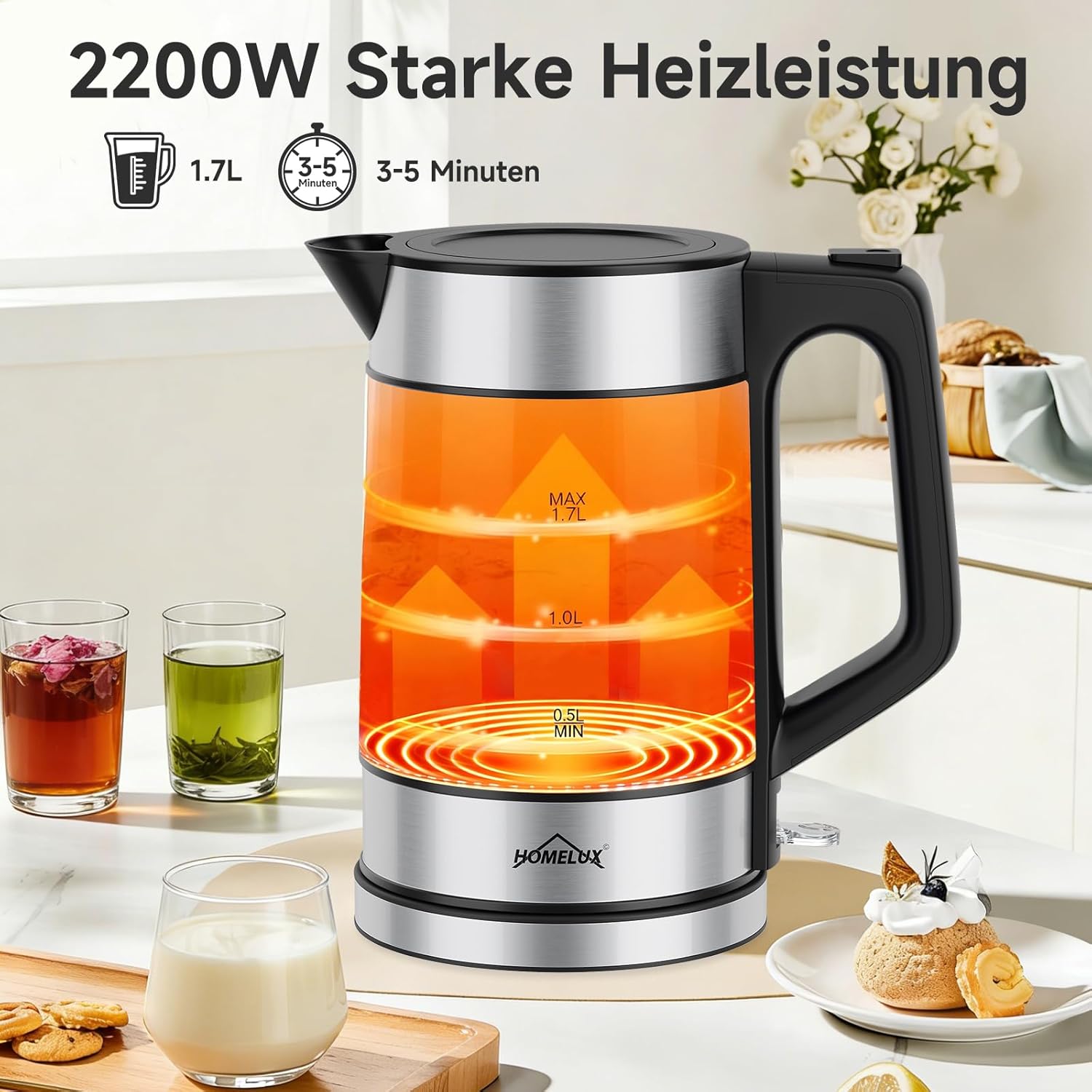 HOMELUX 1,7L Glaswasserkocher mit blauer LED, 2200W, Borosilikatglas, Edelstahl, BPA-frei, Automatische Abschaltung & Trockengehschutz