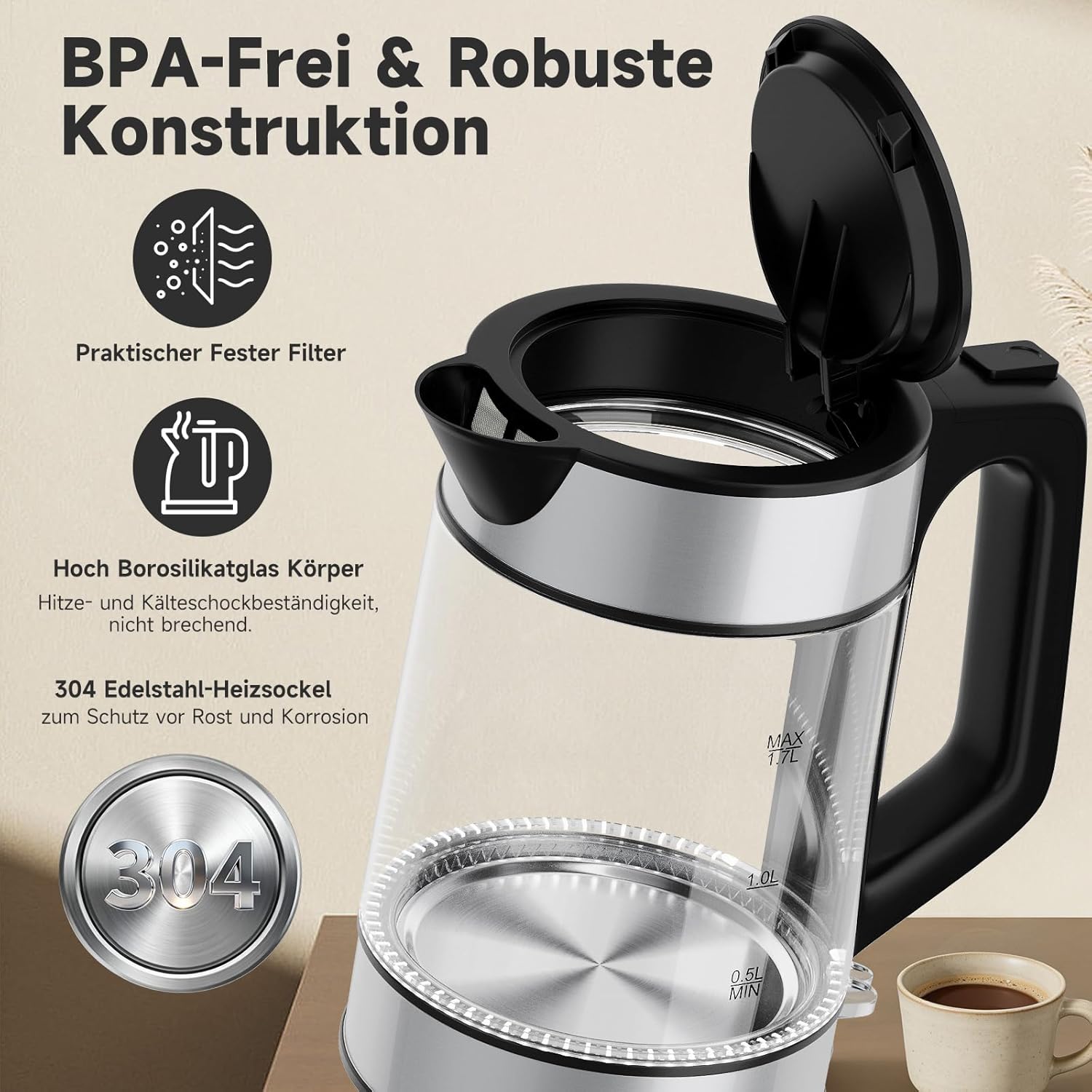HOMELUX 1,7L Glaswasserkocher mit blauer LED, 2200W, Borosilikatglas, Edelstahl, BPA-frei, Automatische Abschaltung & Trockengehschutz