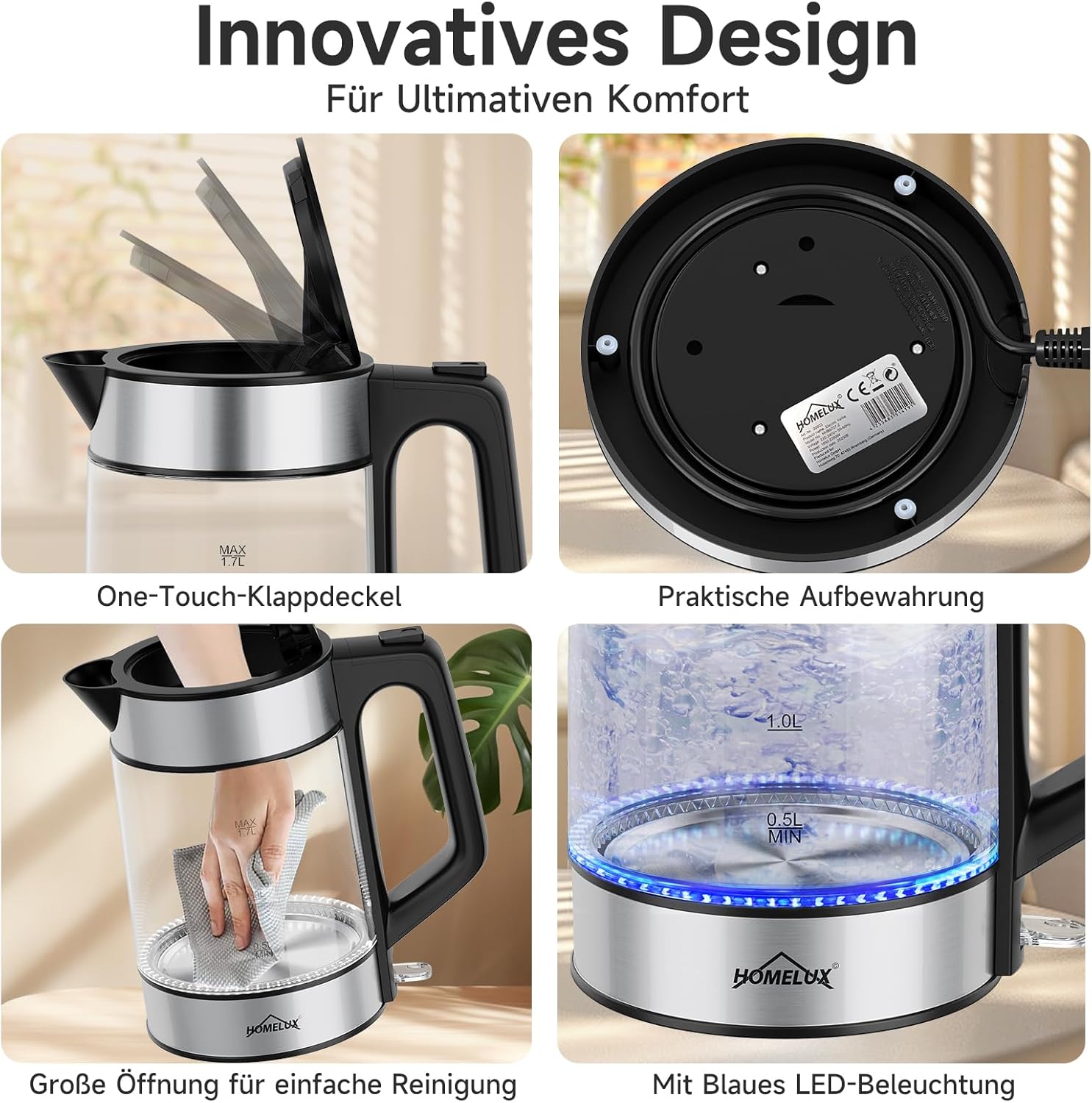 HOMELUX 1,7L Glaswasserkocher mit blauer LED, 2200W, Borosilikatglas, Edelstahl, BPA-frei, Automatische Abschaltung & Trockengehschutz