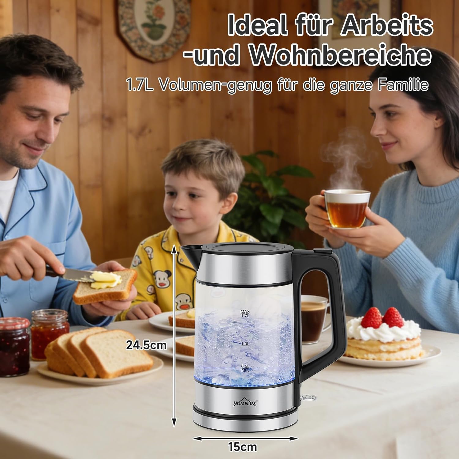 HOMELUX 1,7L Glaswasserkocher mit blauer LED, 2200W, Borosilikatglas, Edelstahl, BPA-frei, Automatische Abschaltung & Trockengehschutz