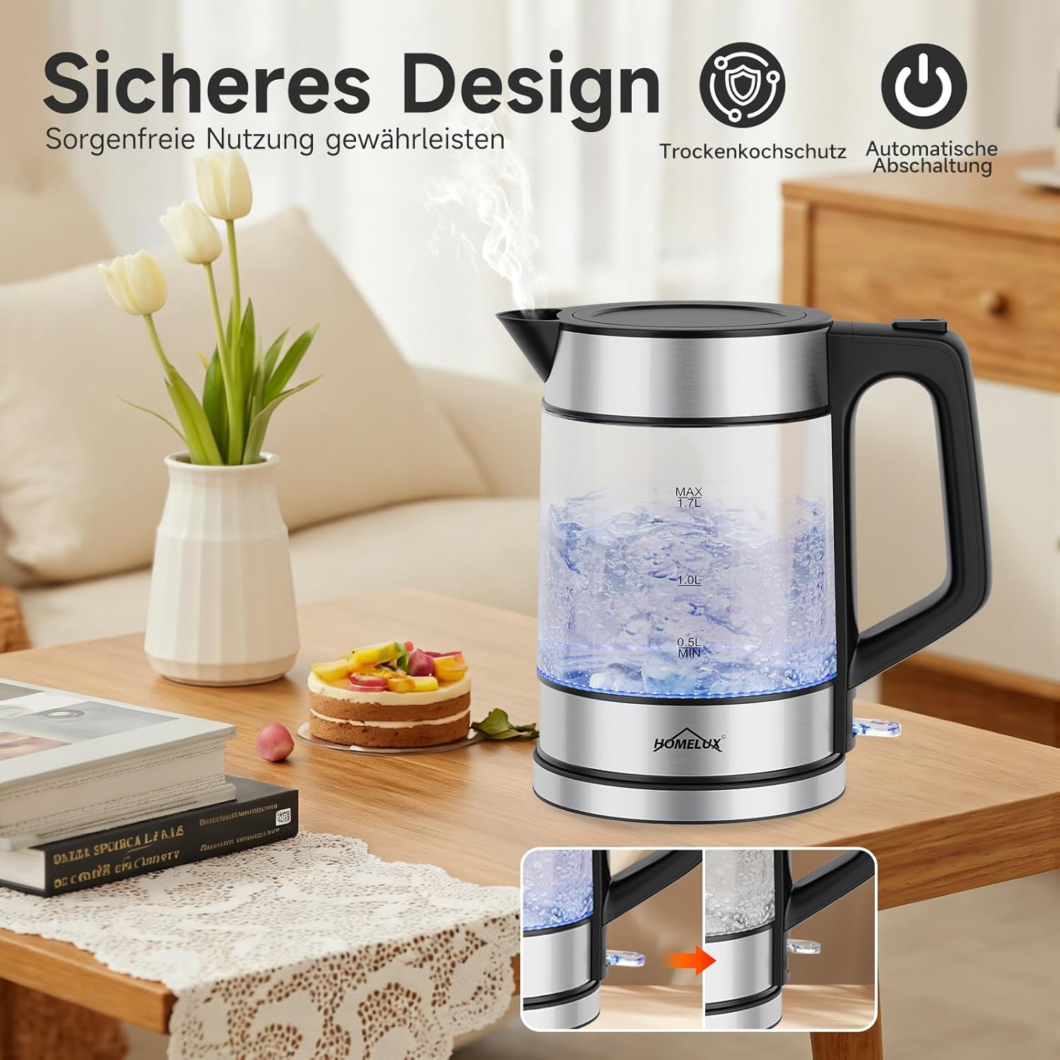HOMELUX 1,7L Glaswasserkocher mit blauer LED, 2200W, Borosilikatglas, Edelstahl, BPA-frei, Automatische Abschaltung & Trockengehschutz