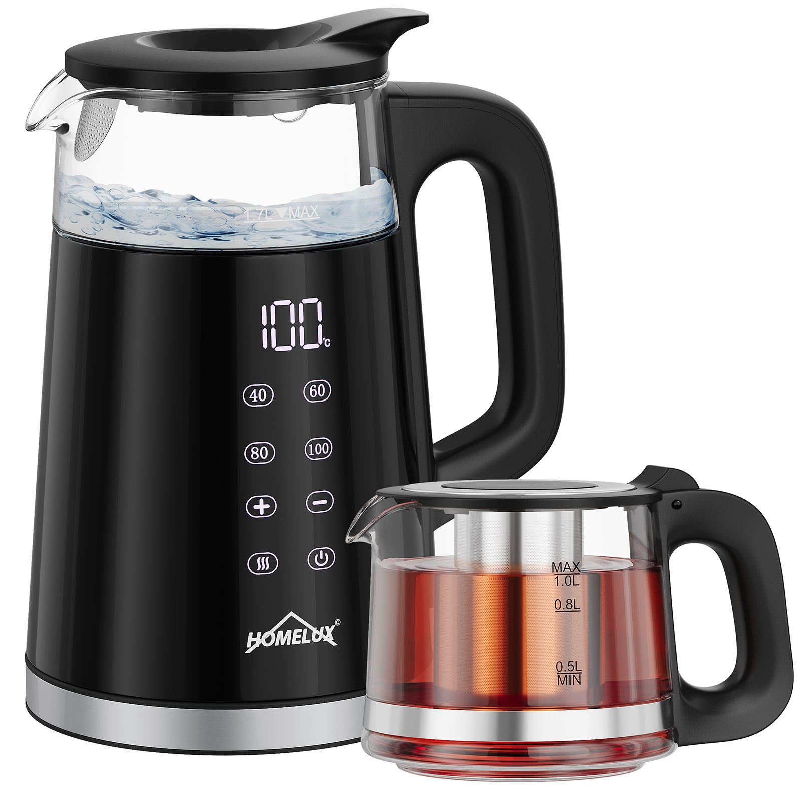 HOMELUX Glas-Wasserkocher mit Teekanne Set, 2200W Teebereiter mit 4 Temperatureinstellungen, Warmhaltefunktion & Edelstahl-Teesieb