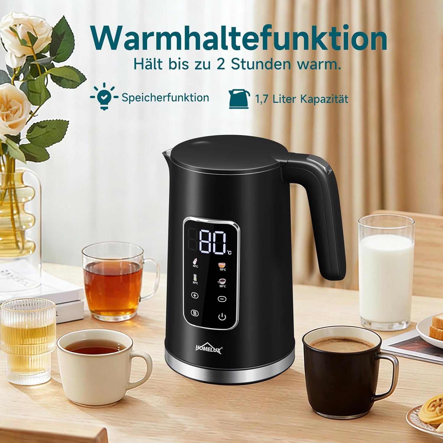 HOMELUX Digitaler Wasserkocher 1,7L mit Temperatureinstellung 40-100°C, 2200W, 100% Edelstahl Innen, Cool-Touch & Warmhaltefunktion