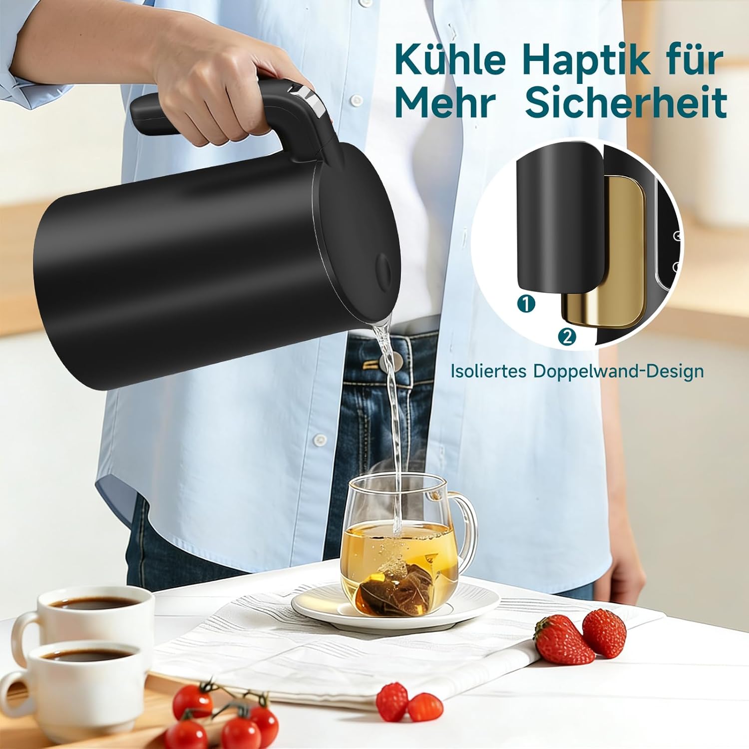 HOMELUX Digitaler Wasserkocher 1,7L mit Temperatureinstellung 40-100°C, 2200W, 100% Edelstahl Innen, Cool-Touch & Warmhaltefunktion