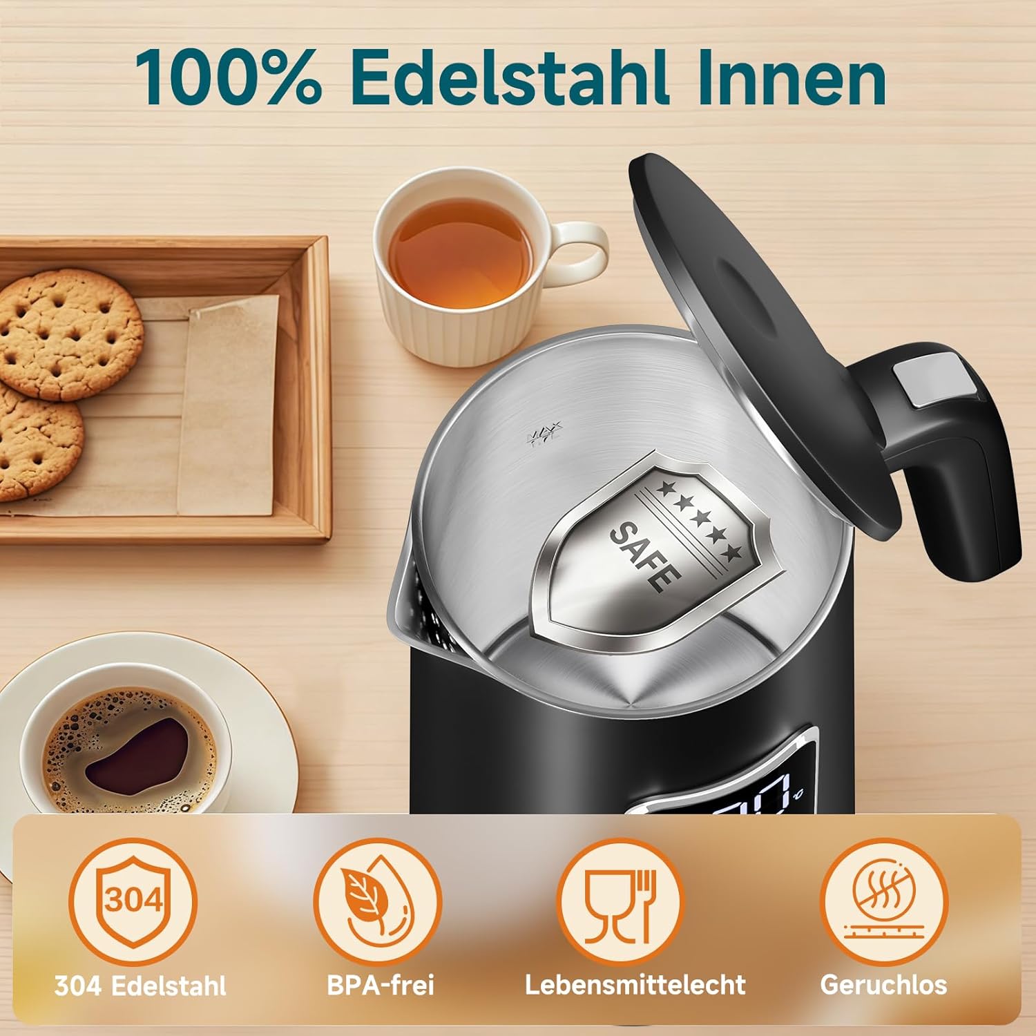 HOMELUX Digitaler Wasserkocher 1,7L mit Temperatureinstellung 40-100°C, 2200W, 100% Edelstahl Innen, Cool-Touch & Warmhaltefunktion