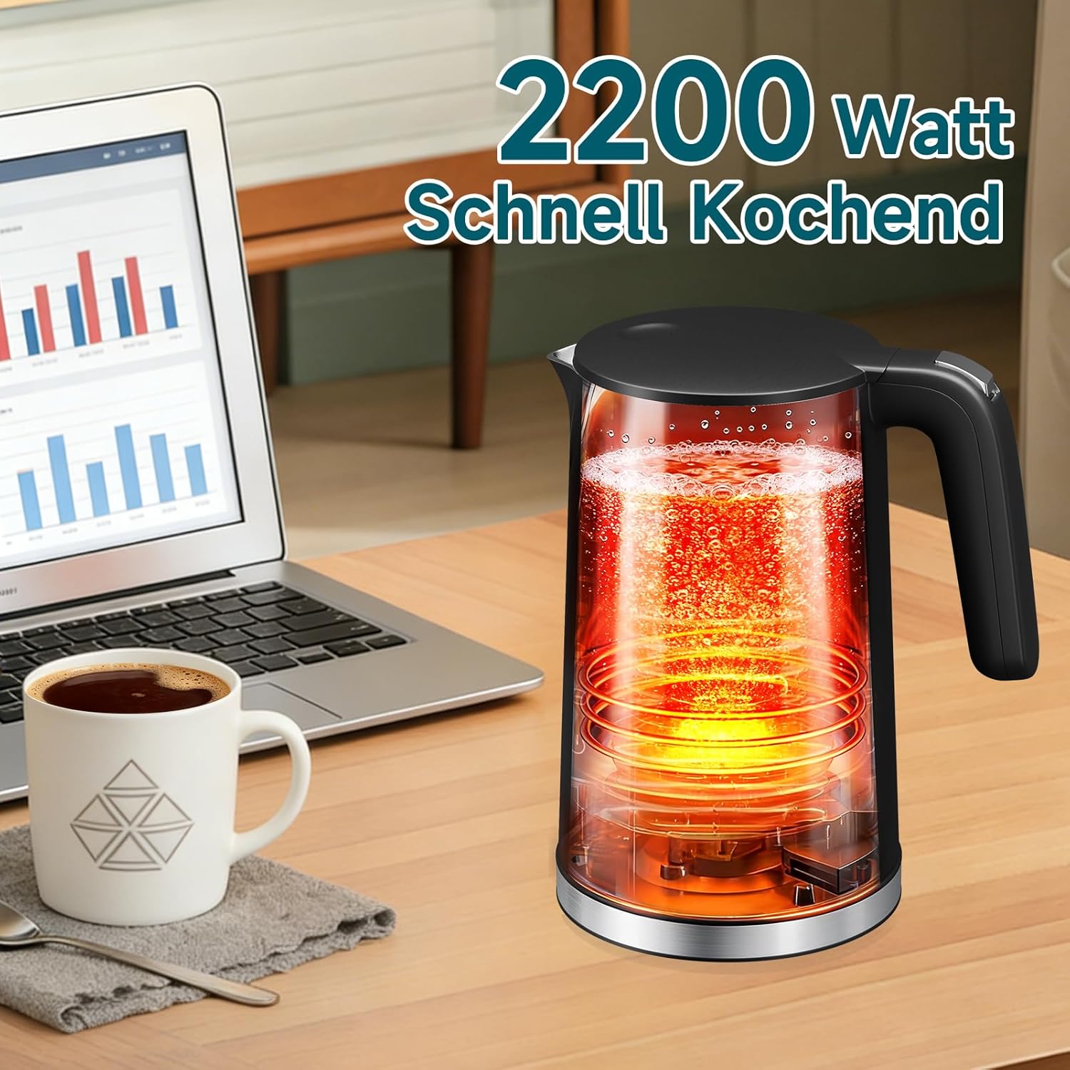 HOMELUX Digitaler Wasserkocher 1,7L mit Temperatureinstellung 40-100°C, 2200W, 100% Edelstahl Innen, Cool-Touch & Warmhaltefunktion