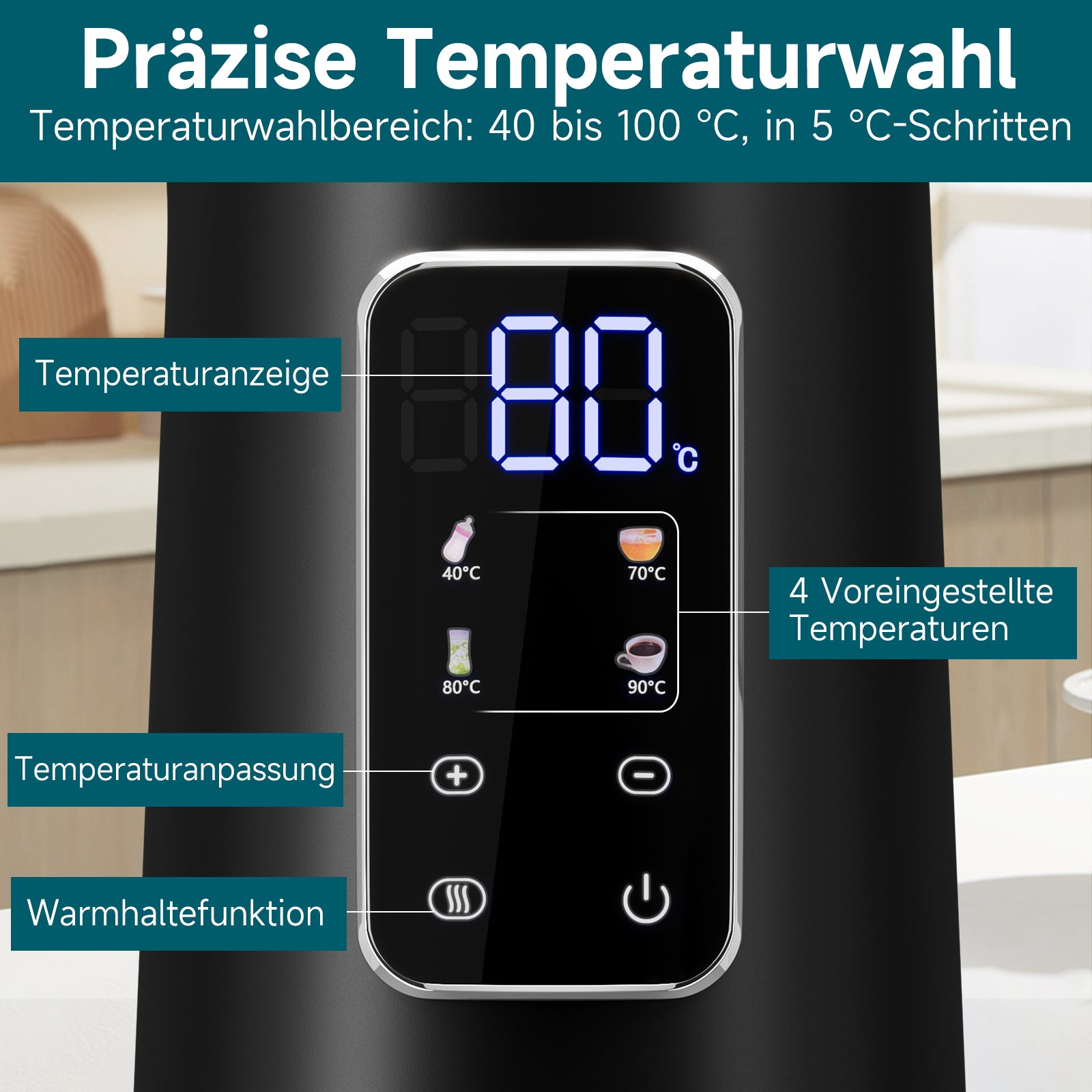 HOMELUX Digitaler Wasserkocher 1,7L mit Temperatureinstellung 40-100°C, 2200W, 100% Edelstahl Innen, Cool-Touch & Warmhaltefunktion