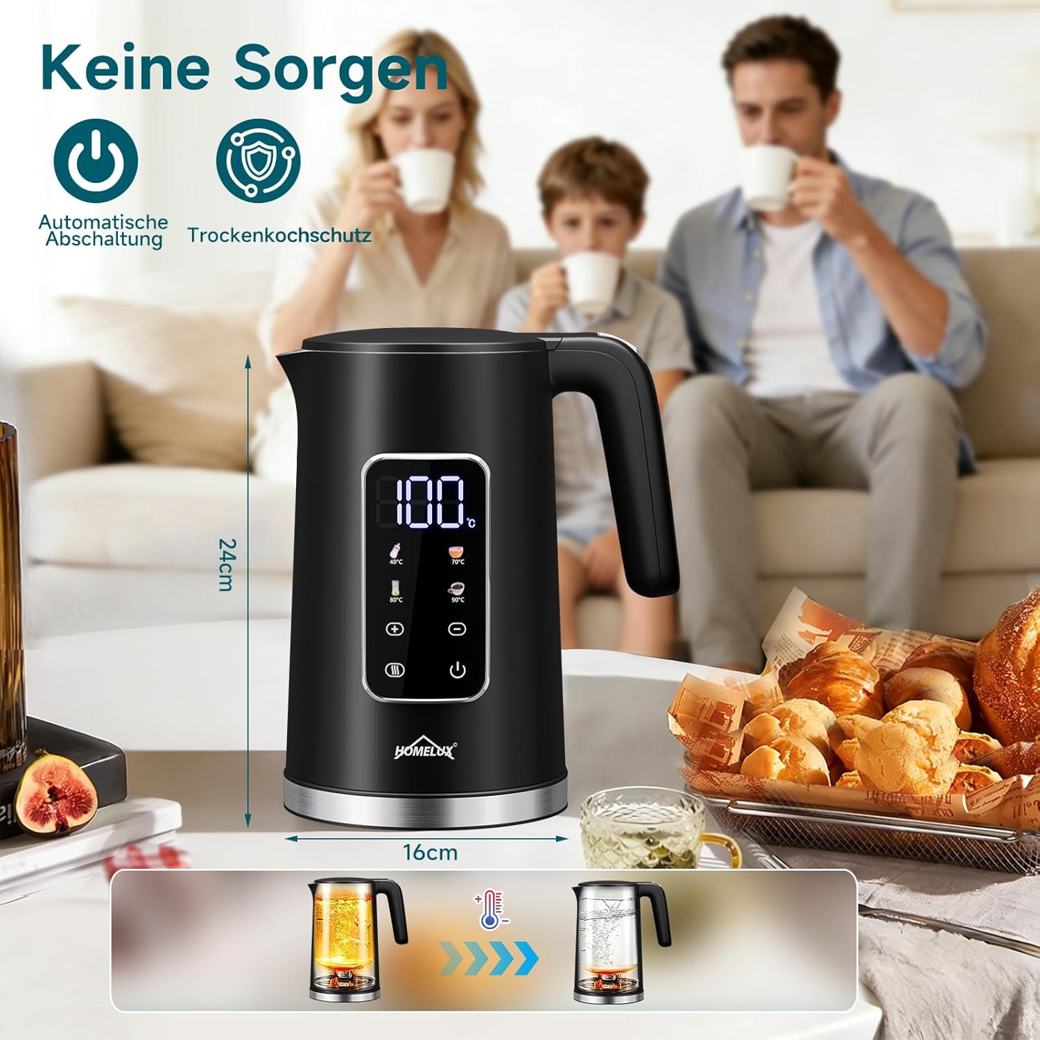 HOMELUX Digitaler Wasserkocher 1,7L mit Temperatureinstellung 40-100°C, 2200W, 100% Edelstahl Innen, Cool-Touch & Warmhaltefunktion