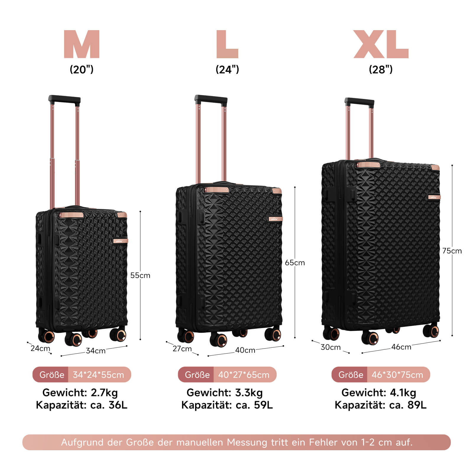 HOMELUX 3-teiliges Kofferset , Hartschalen-Reisekoffer, Leicht, ABS, Trolley-Rollkoffer, M-L-XL Hartschalenkoffer-Set