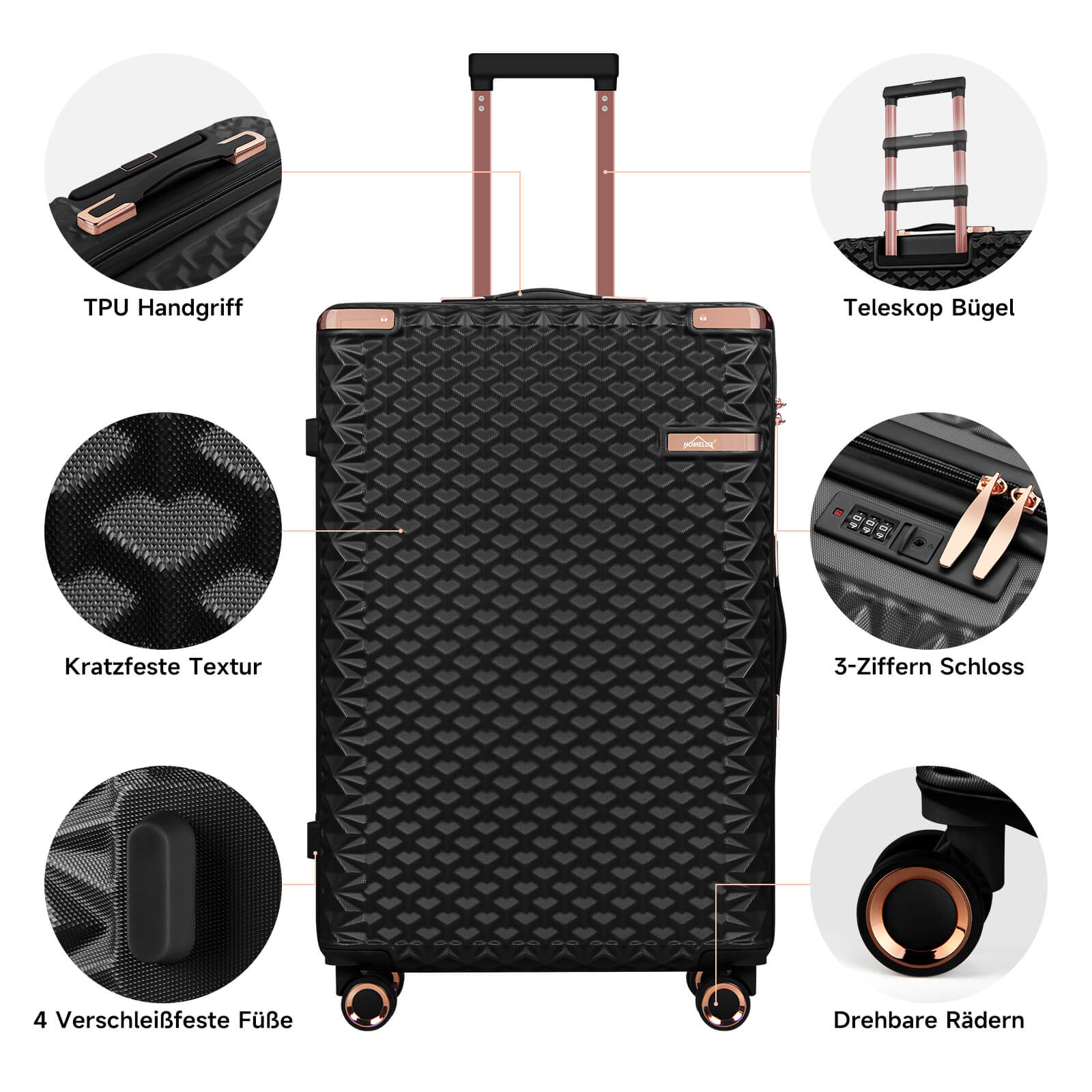HOMELUX 3-teiliges Kofferset , Hartschalen-Reisekoffer, Leicht, ABS, Trolley-Rollkoffer, M-L-XL Hartschalenkoffer-Set
