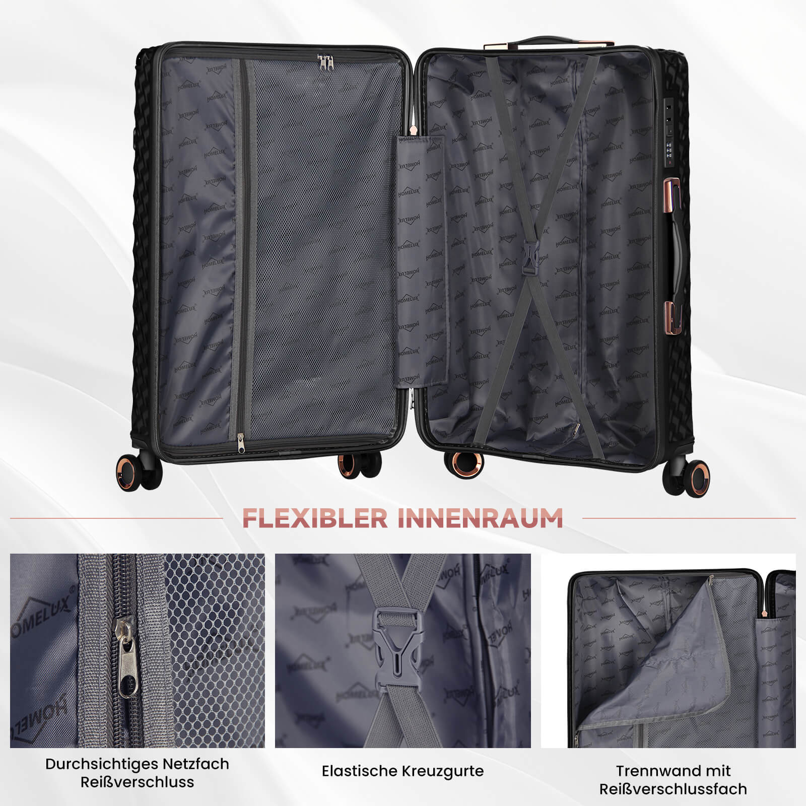 HOMELUX 3-teiliges Kofferset , Hartschalen-Reisekoffer, Leicht, ABS, Trolley-Rollkoffer, M-L-XL Hartschalenkoffer-Set