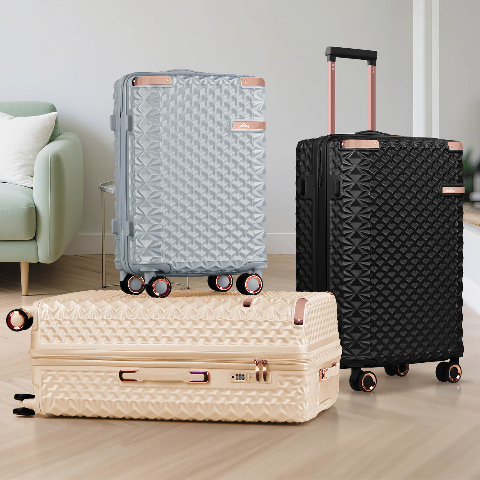 HOMELUX 3-teiliges Kofferset , Hartschalen-Reisekoffer, Leicht, ABS, Trolley-Rollkoffer, M-L-XL Hartschalenkoffer-Set