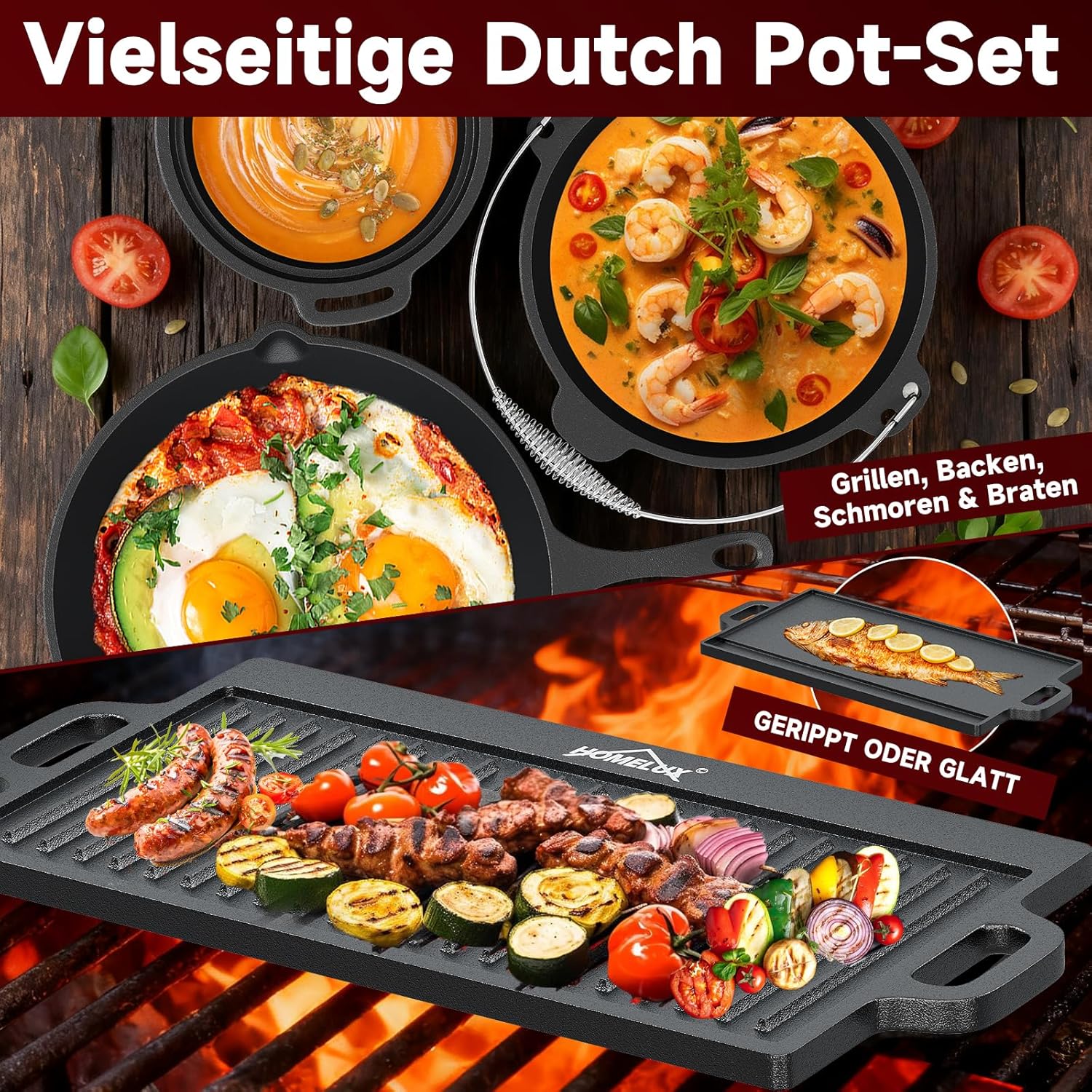 HOMELUX Dutch Oven Set aus Gusseisen, 10-teilig in Holzkiste – 4,5L Topf, 3,6L Saucier inkl. Pfanne, Grillplatte & Zubehör