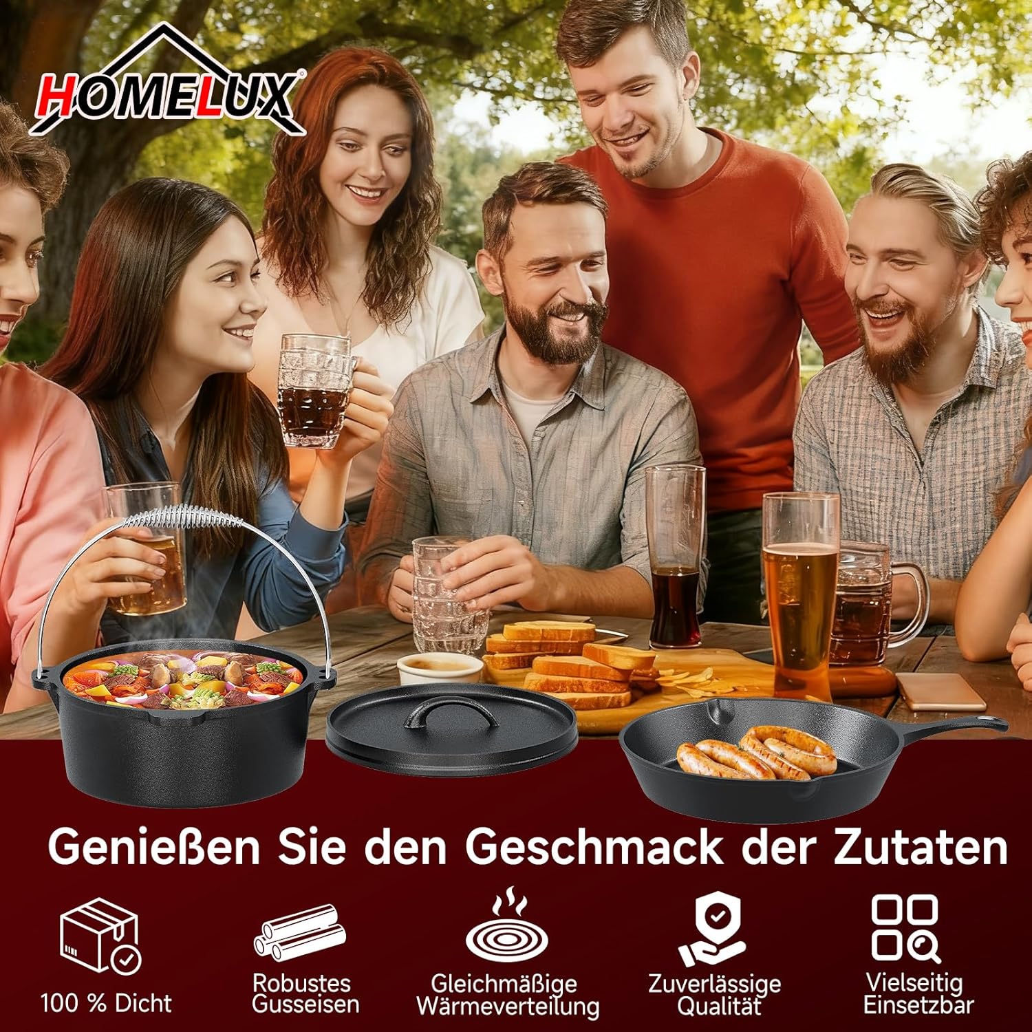 HOMELUX Dutch Oven Set aus Gusseisen, 10-teilig in Holzkiste – 4,5L Topf, 3,6L Saucier inkl. Pfanne, Grillplatte & Zubehör