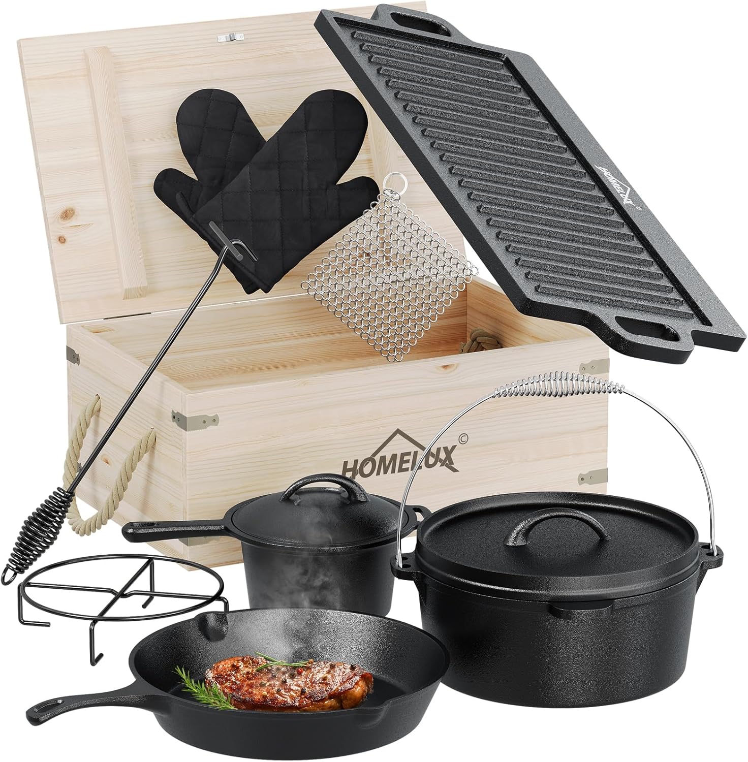 HOMELUX Dutch Oven Set aus Gusseisen, 10-teilig in Holzkiste – 4,5L Topf, 3,6L Saucier inkl. Pfanne, Grillplatte & Zubehör