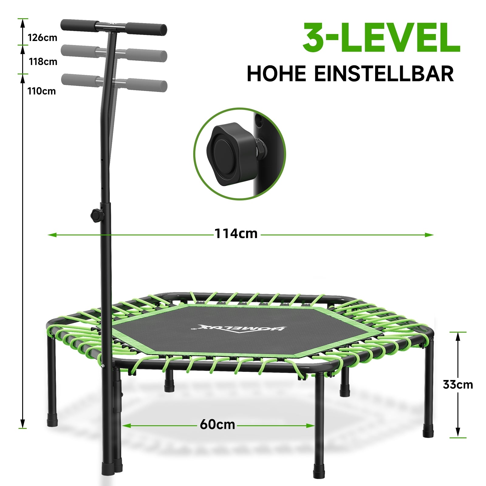HOMELUX 114x126cm Fitness Trampolin Verstellbarer Haltegriff, leises & gelenkschonendes Springen, 100kg Belastbarkeit, Indoor geeignet