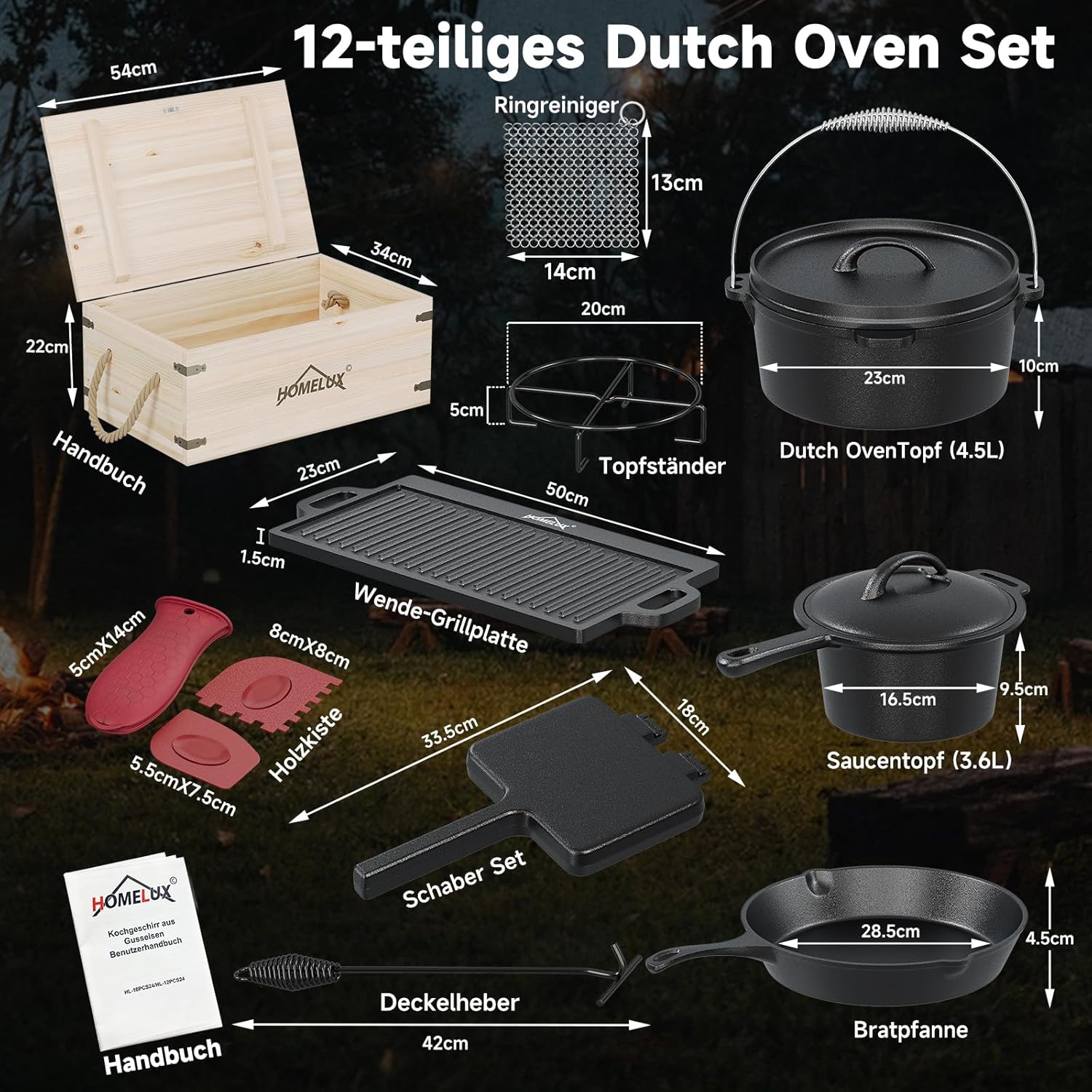 HOMELUX Gusseisen 12-teiliges Dutch Oven Set in Holzkiste – 4,5L Topf, 3,6L Saucier, Grillplatte, Bratpfanne & Komplettes Zubehör