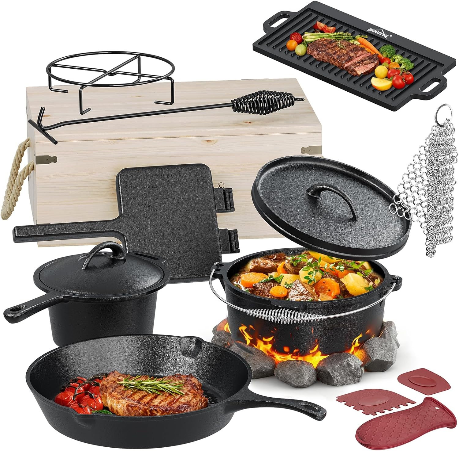 HOMELUX Gusseisen 12-teiliges Dutch Oven Set in Holzkiste – 4,5L Topf, 3,6L Saucier, Grillplatte, Bratpfanne & Komplettes Zubehör
