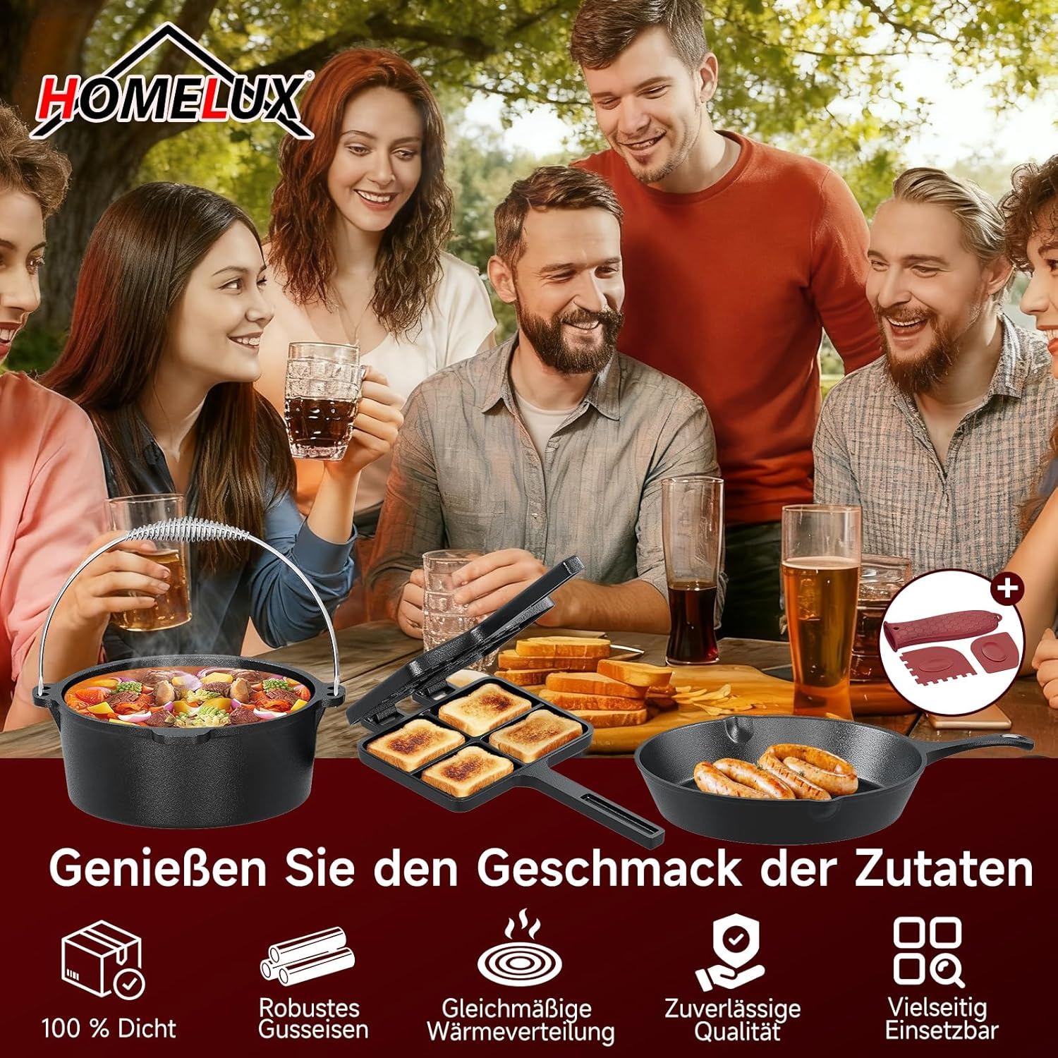 HOMELUX Gusseisen 12-teiliges Dutch Oven Set in Holzkiste – 4,5L Topf, 3,6L Saucier, Grillplatte, Bratpfanne & Komplettes Zubehör