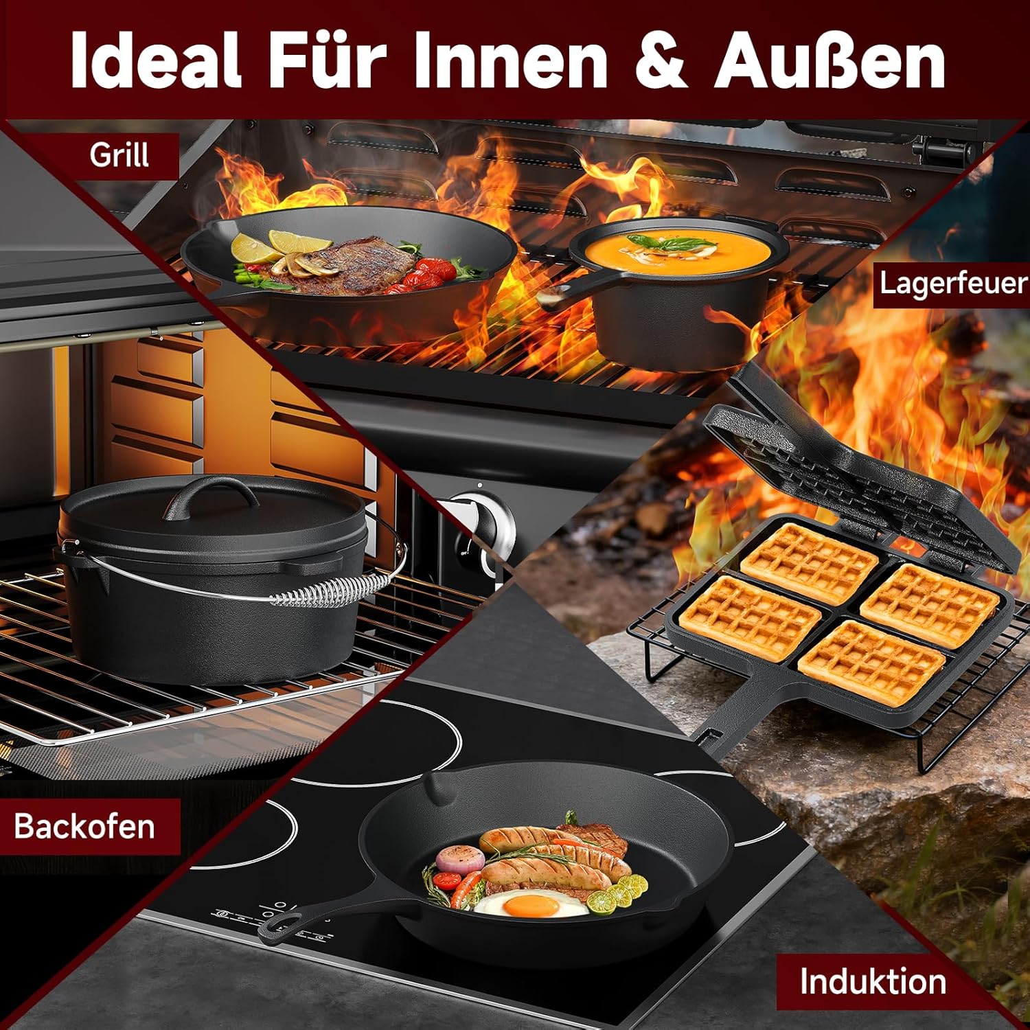 HOMELUX Gusseisen 12-teiliges Dutch Oven Set in Holzkiste – 4,5L Topf, 3,6L Saucier, Grillplatte, Bratpfanne & Komplettes Zubehör
