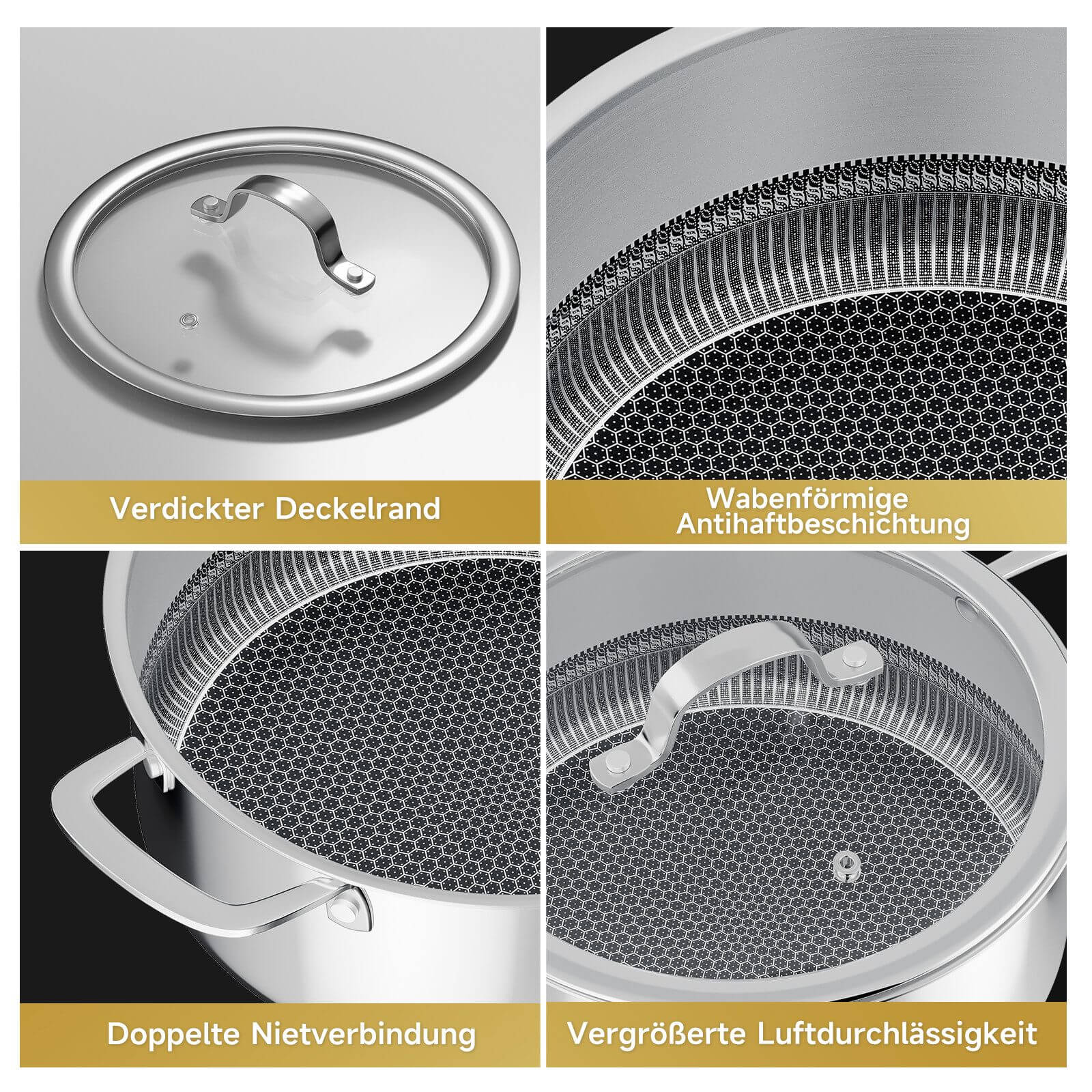 Edelstahl Kochtopf mit verstärkten Griffen und stabilen Doppel-Nieten