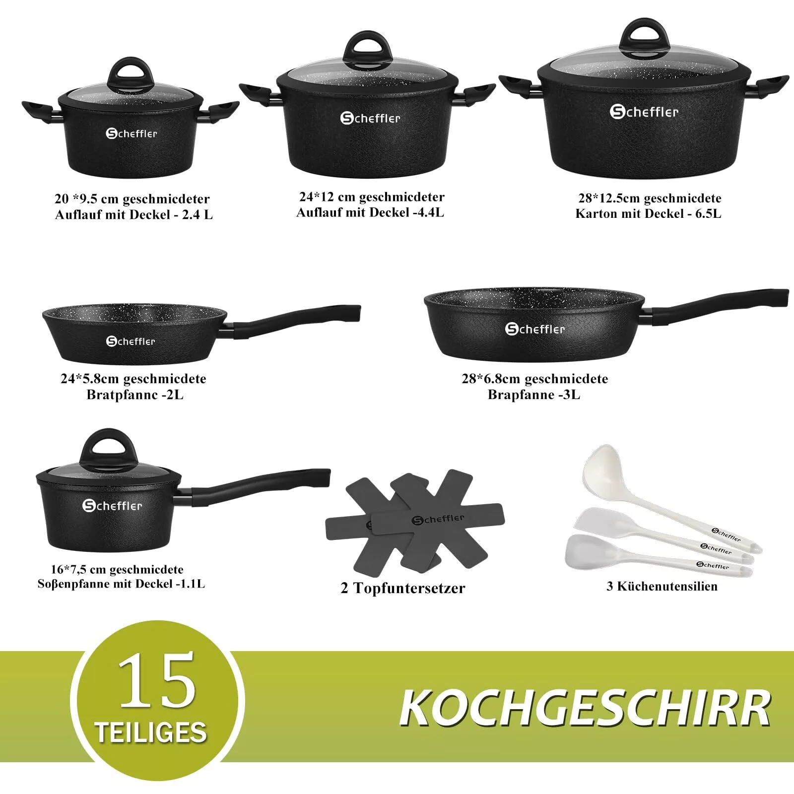 Scheffler 15-teiliges Topf- und Pfannenset mit Antihaftbeschichtung, induktionsgeeignet & Glasdeckeln