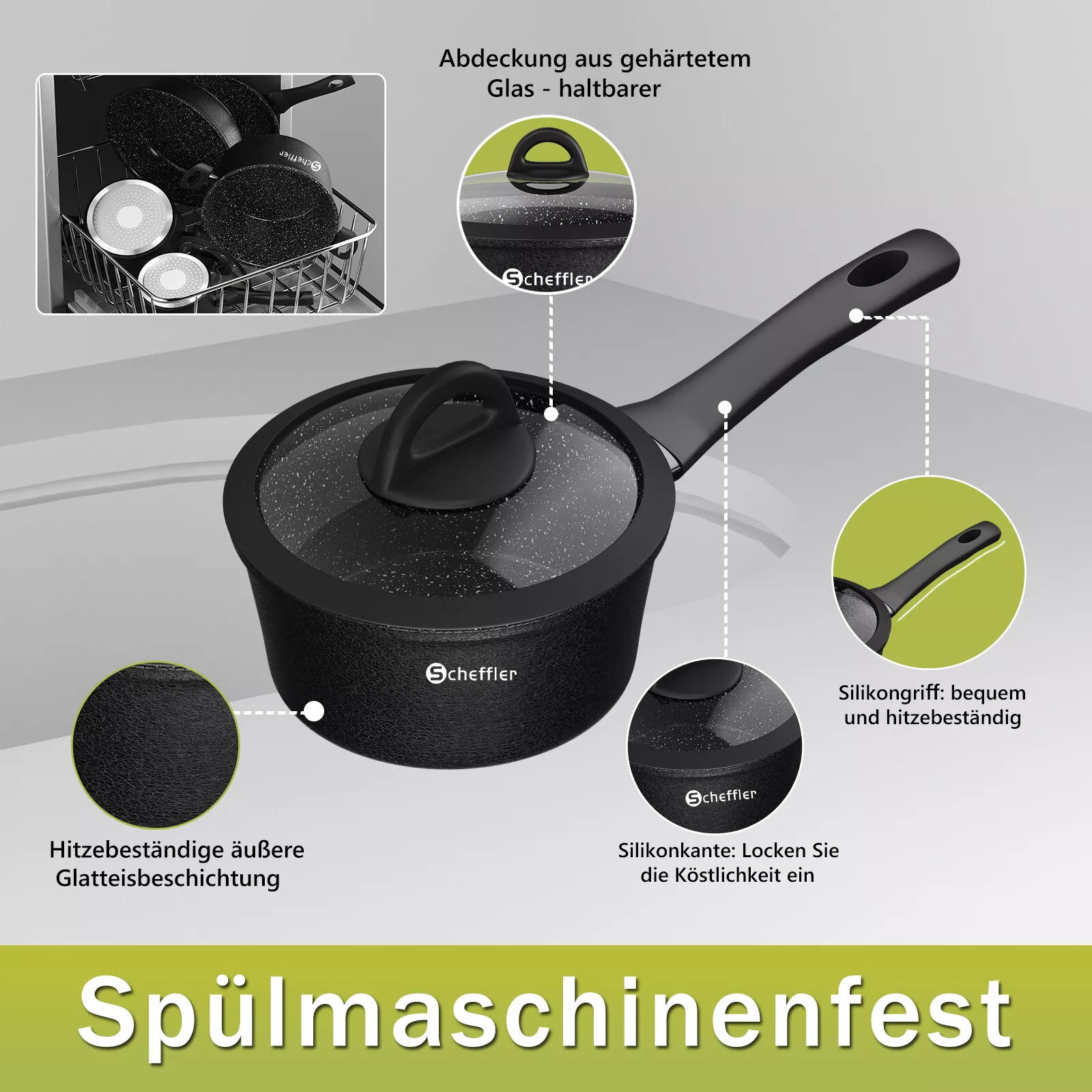 Scheffler 15-teiliges Topf- und Pfannenset mit Antihaftbeschichtung, induktionsgeeignet & Glasdeckeln