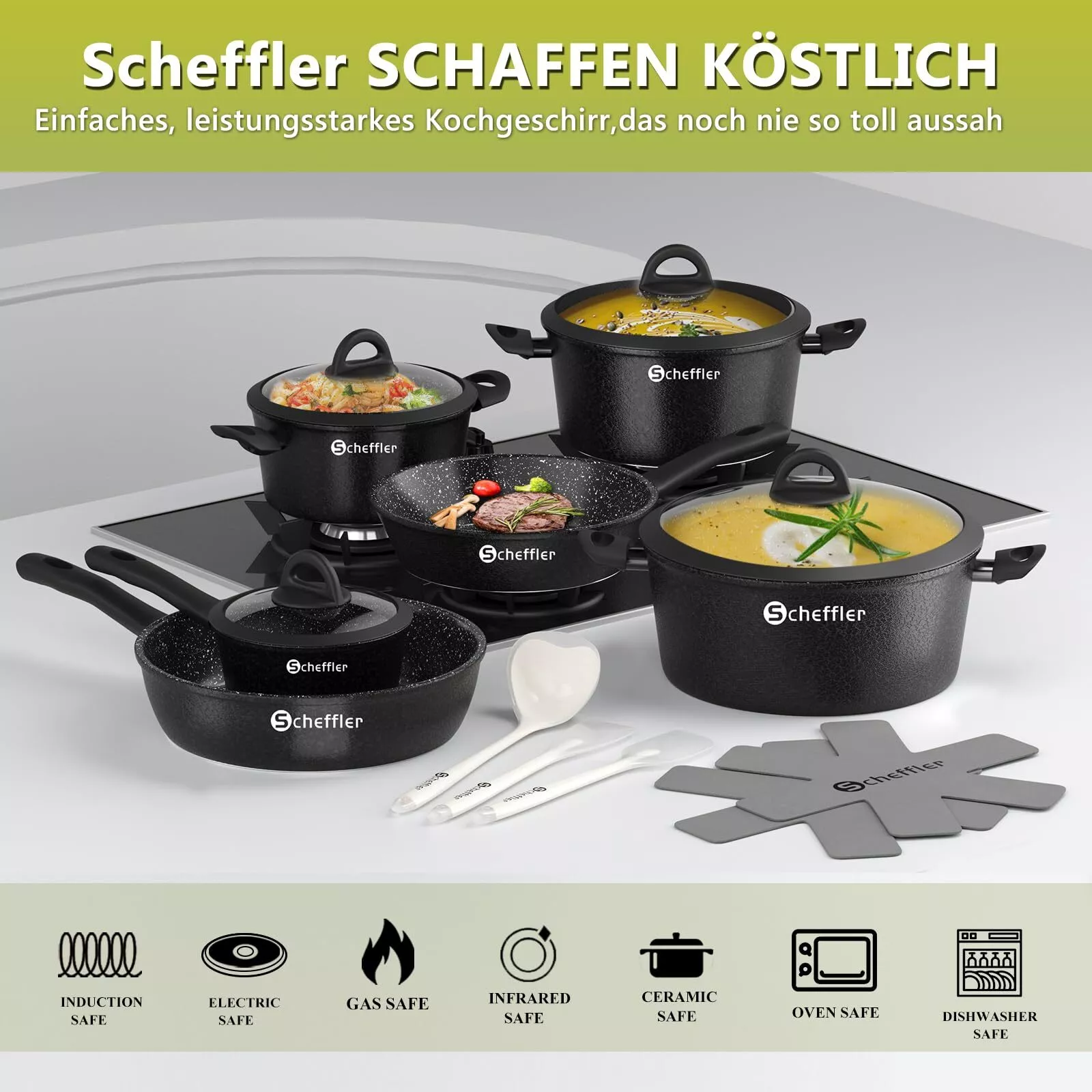 Scheffler 15tlg Topfset Pfannenset , Antihaftbeschichtung Induktions Kochtopf Glasdeckel