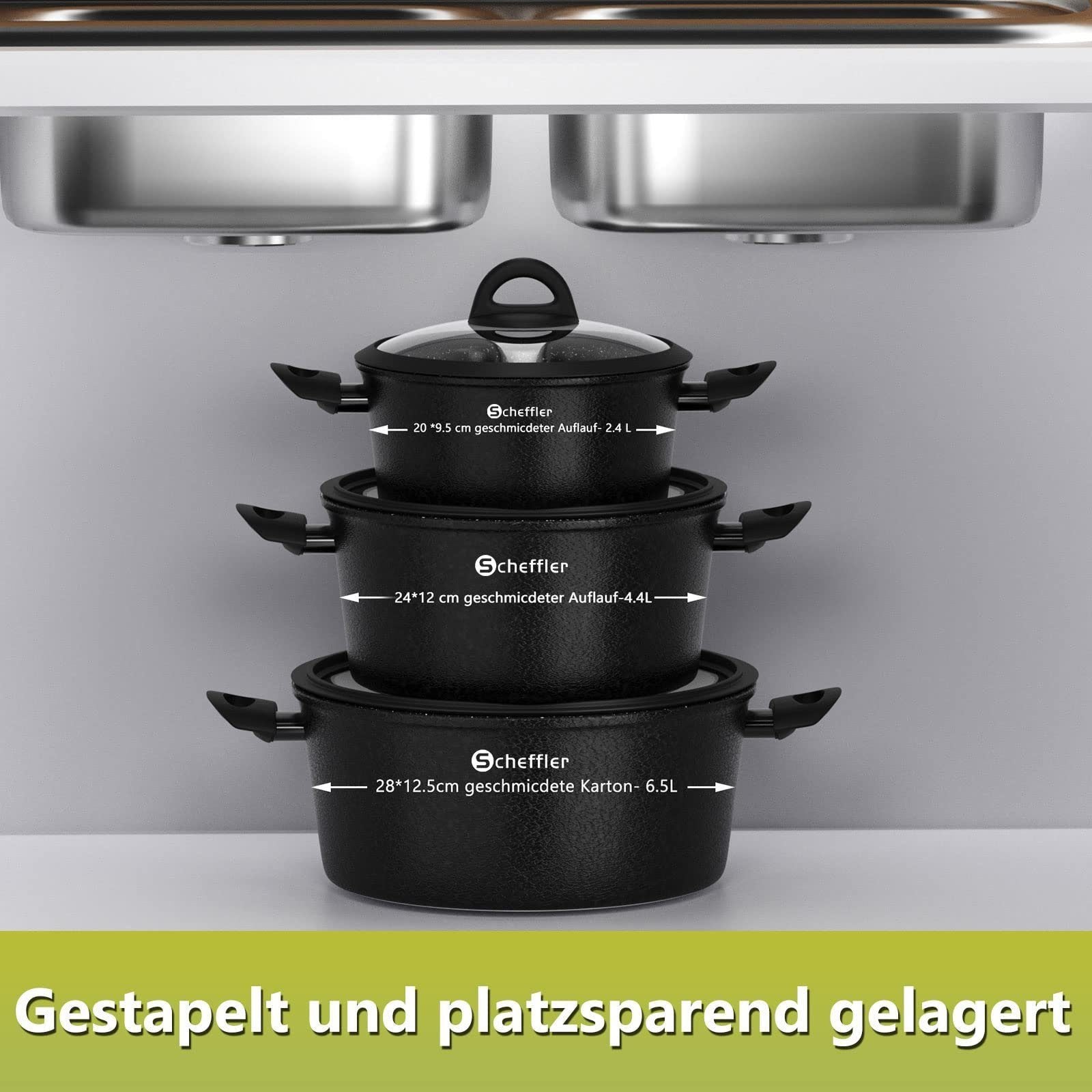 Scheffler Topfset, Induktions Töpfe Set 6-teilig, Antihaft-beschichtete Topfe, Kochtopf Set mit Glasdeckel, Spülmaschinenfest