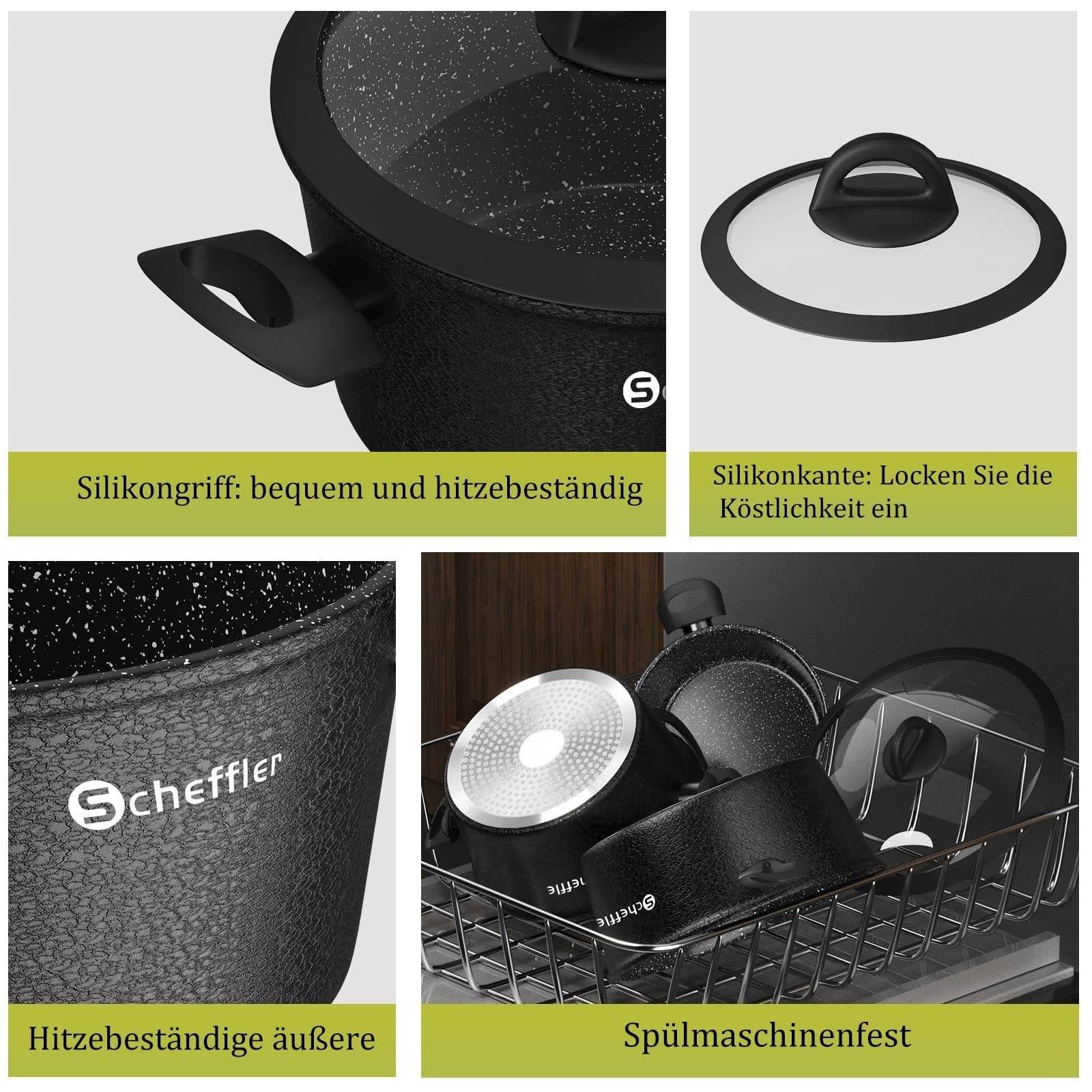 Scheffler Topfset, Induktions Töpfe Set 6-teilig, Antihaft-beschichtete Topfe, Kochtopf Set mit Glasdeckel, Spülmaschinenfest