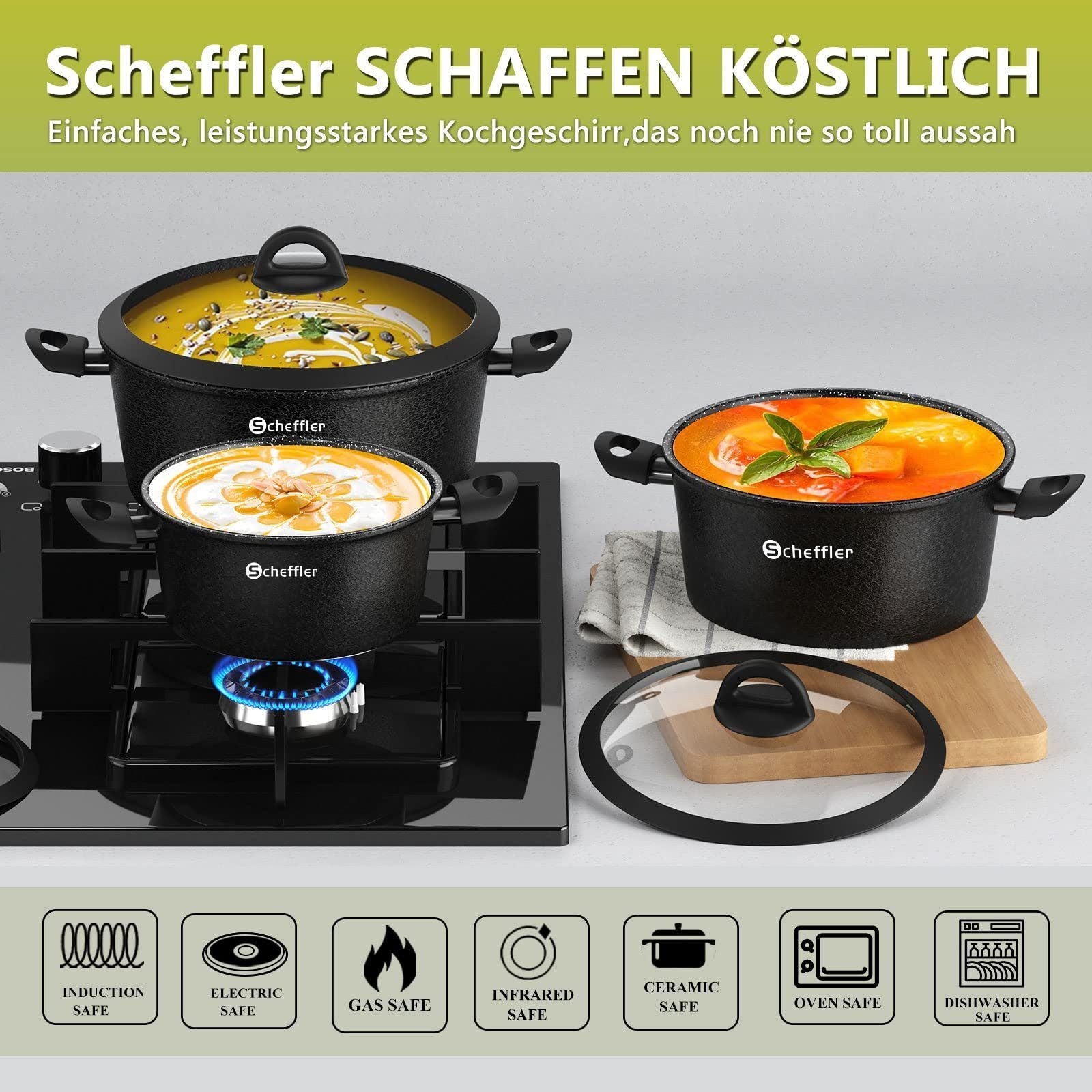 Scheffler Topfset, Induktions Töpfe Set 6-teilig, Antihaft-beschichtete Topfe, Kochtopf Set mit Glasdeckel, Spülmaschinenfest