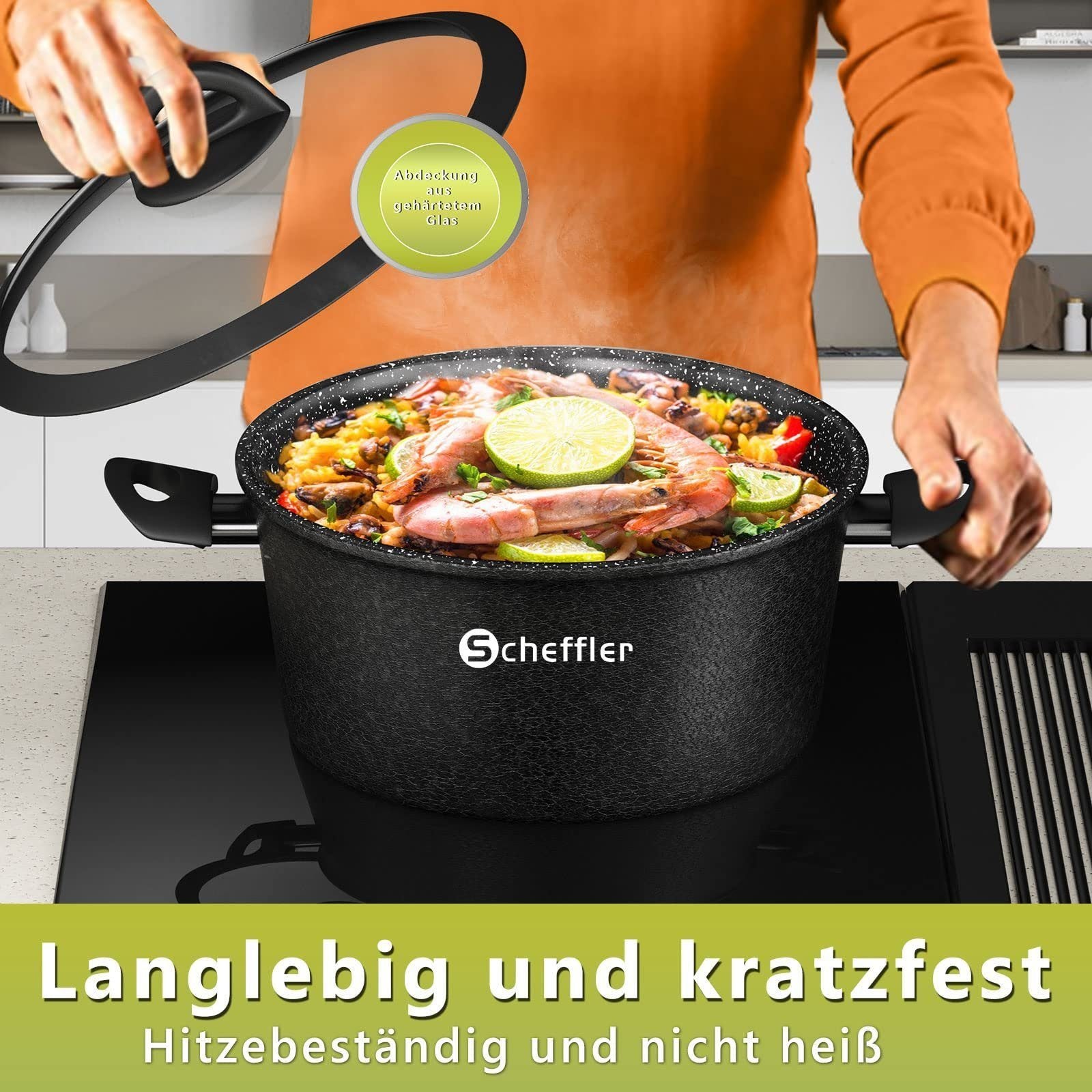 Scheffler Topfset, Induktions Töpfe Set 6-teilig, Antihaft-beschichtete Topfe, Kochtopf Set mit Glasdeckel, Spülmaschinenfest