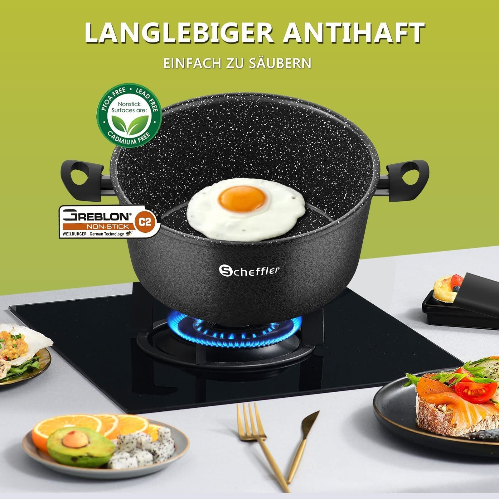 Scheffler Topfset, Induktions Töpfe Set 6-teilig, Antihaft-beschichtete Topfe, Kochtopf Set mit Glasdeckel, Spülmaschinenfest