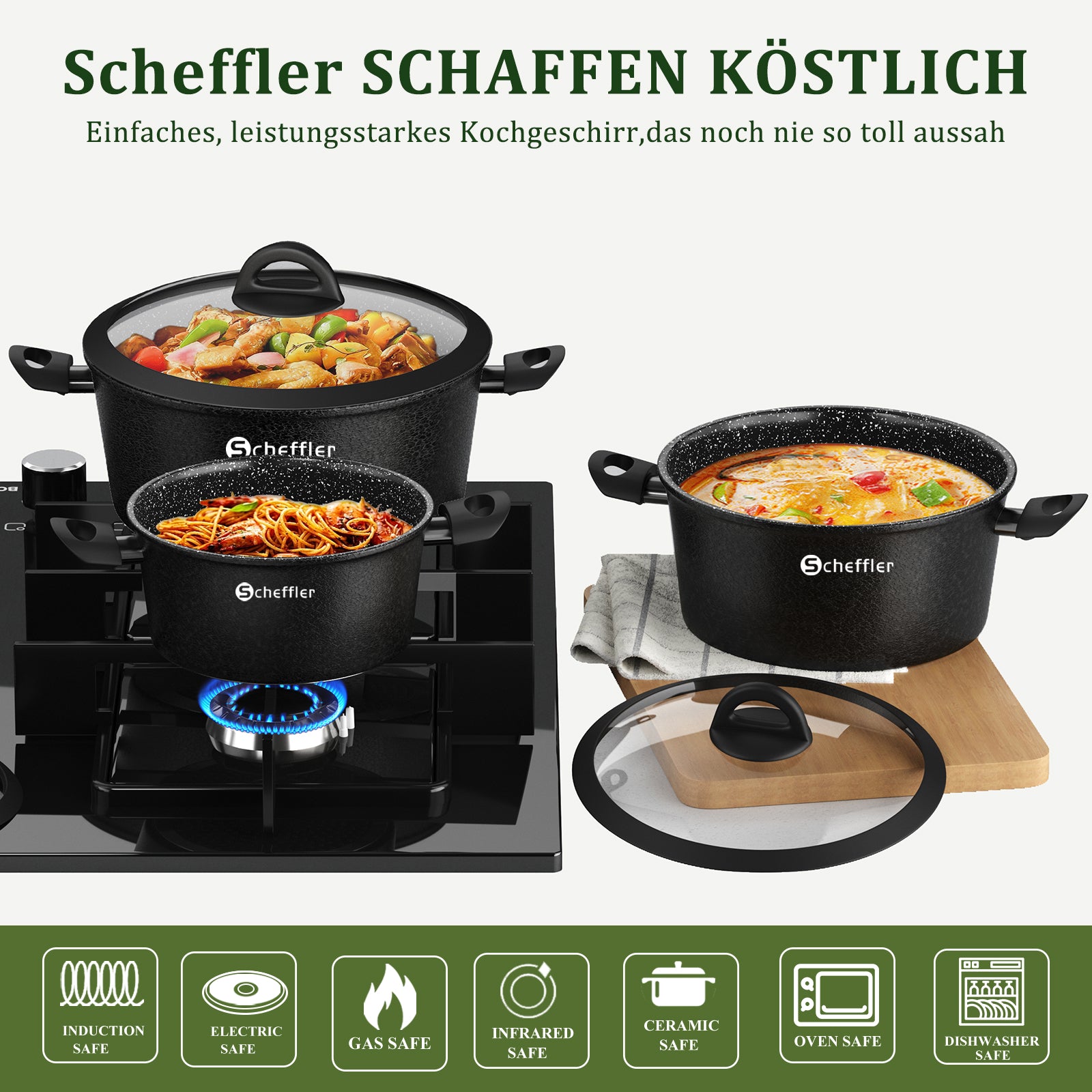 6-piece pot set induction non-stick coated pot set with glass lid
