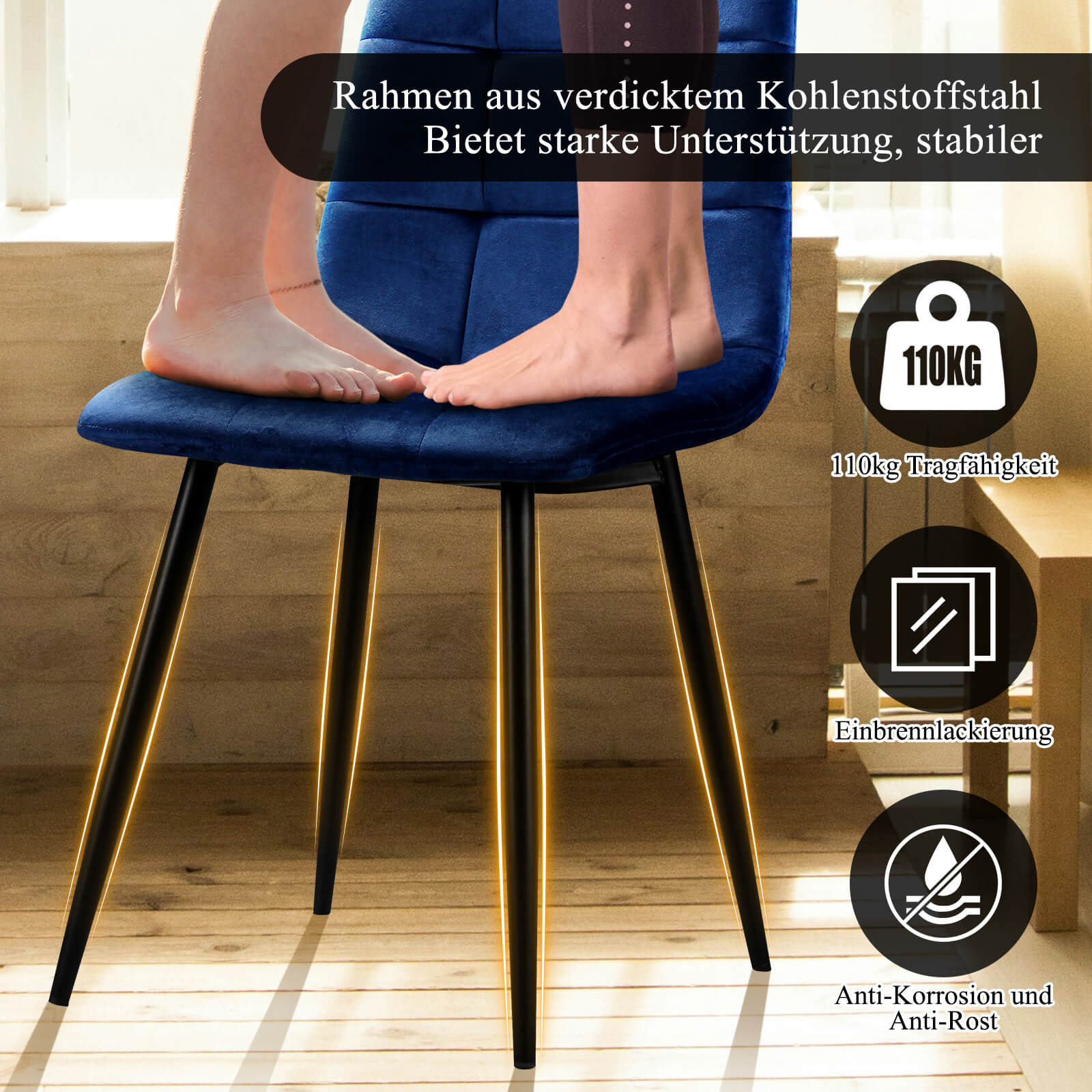 HOMELUX 4er Set Küchen Esszimmerstühle mit Rückenlehne & Samtbezug, ergonomische Sitzfläche, Metallbeine, 110 kg belastbar