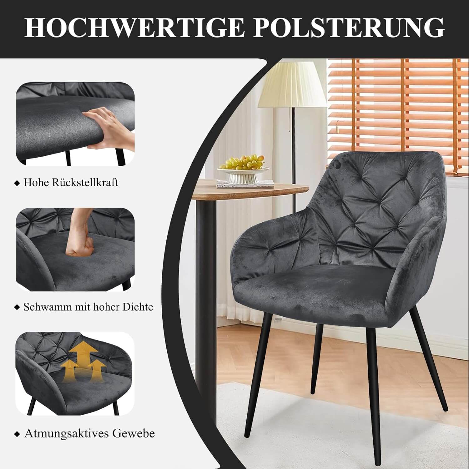 HOMELUX Esszimmerstuhl 2er Set, Polsterstuhl mit Armlehnen, Sitzfläche aus Samt & Metallbeine, Küchenstuhl Wohnzimmerstuhl Stühle