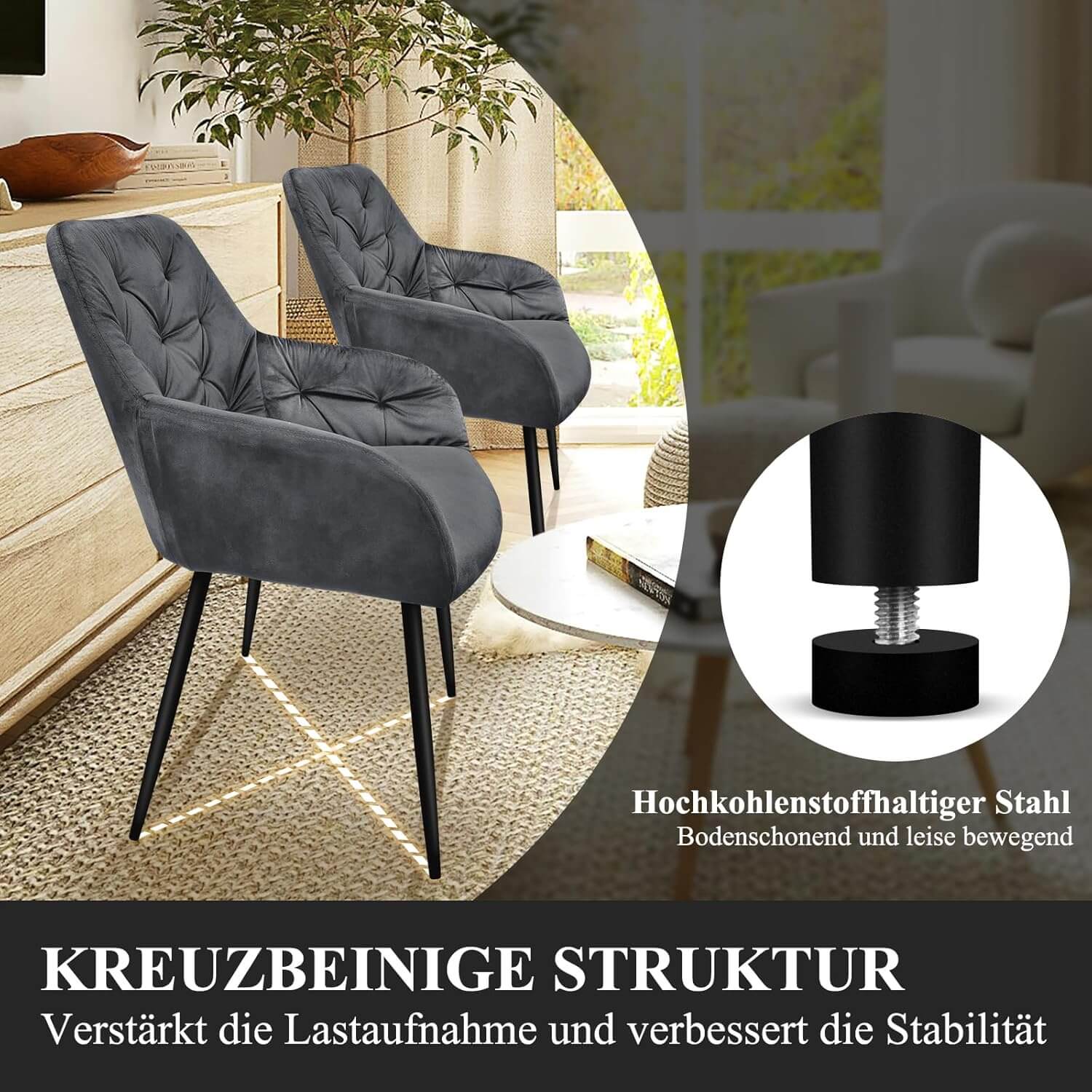 HOMELUX Esszimmerstuhl 2er Set, Polsterstuhl mit Armlehnen, Sitzfläche aus Samt & Metallbeine, Küchenstuhl Wohnzimmerstuhl Stühle