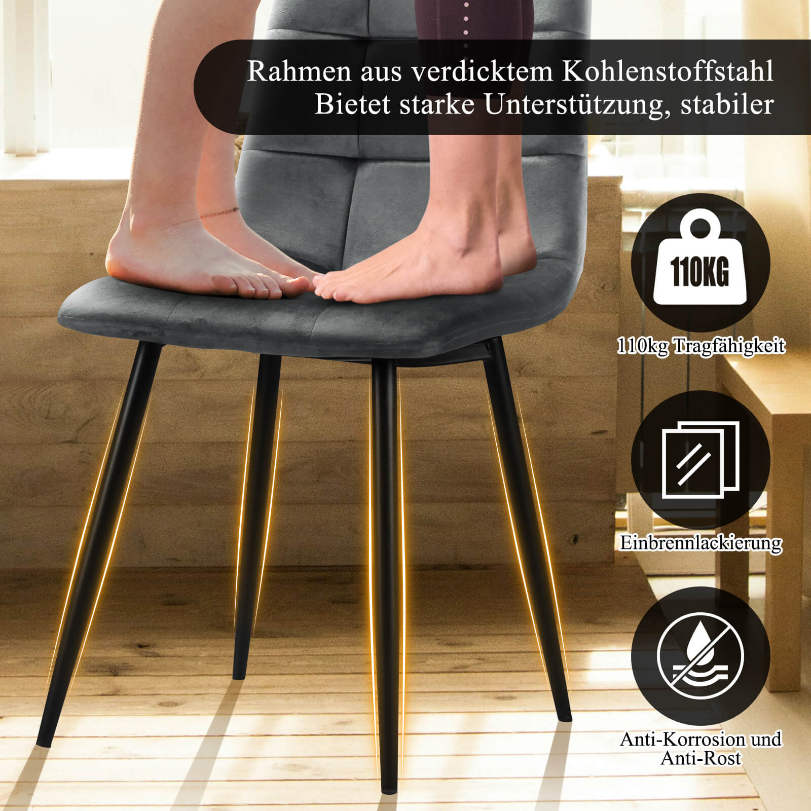 HOMELUX 4er Set Küchen Esszimmerstühle mit Rückenlehne & Samtbezug, ergonomische Sitzfläche, Metallbeine, 110 kg belastbar