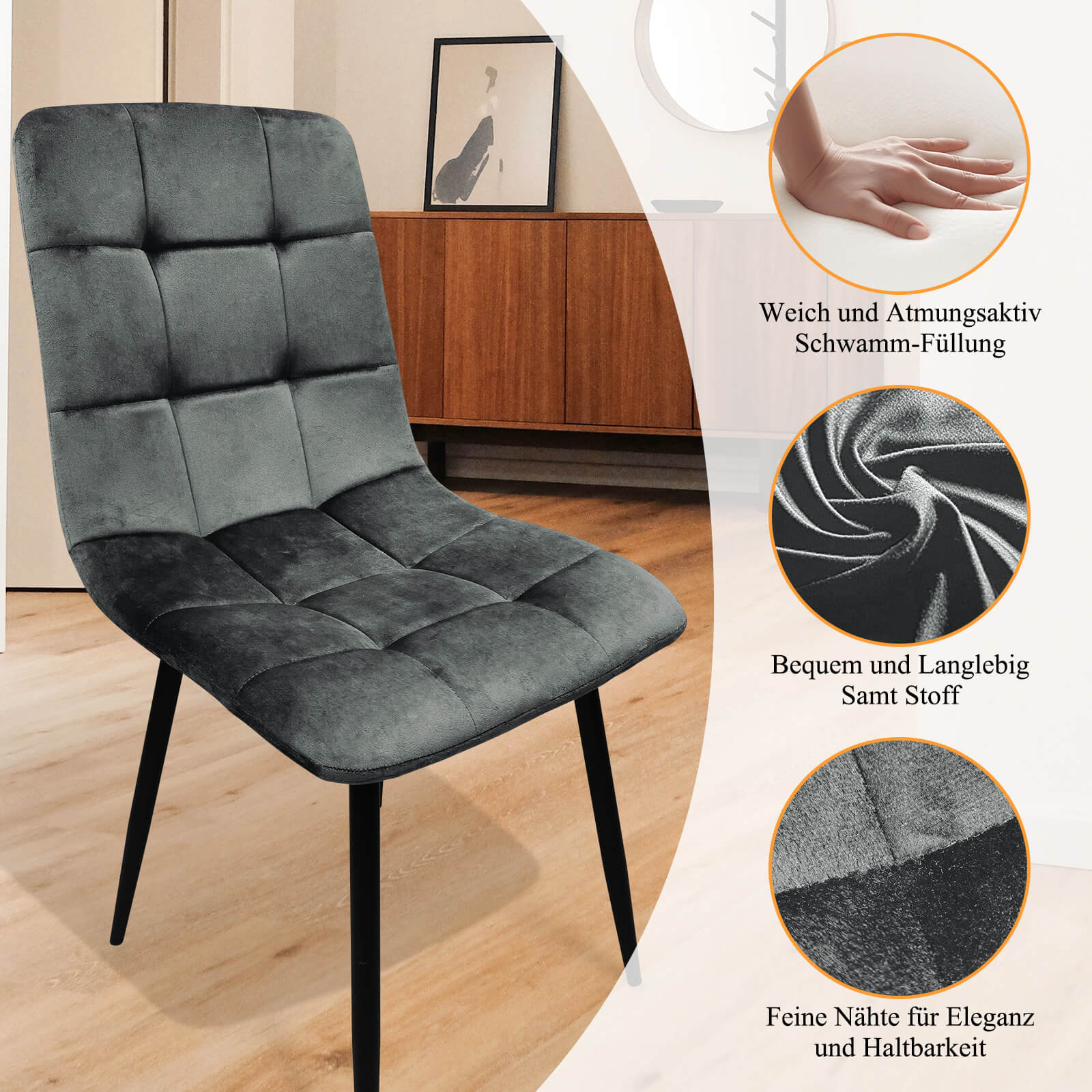 HOMELUX 4er Set Küchen Esszimmerstühle mit Rückenlehne & Samtbezug, ergonomische Sitzfläche, Metallbeine, 110 kg belastbar