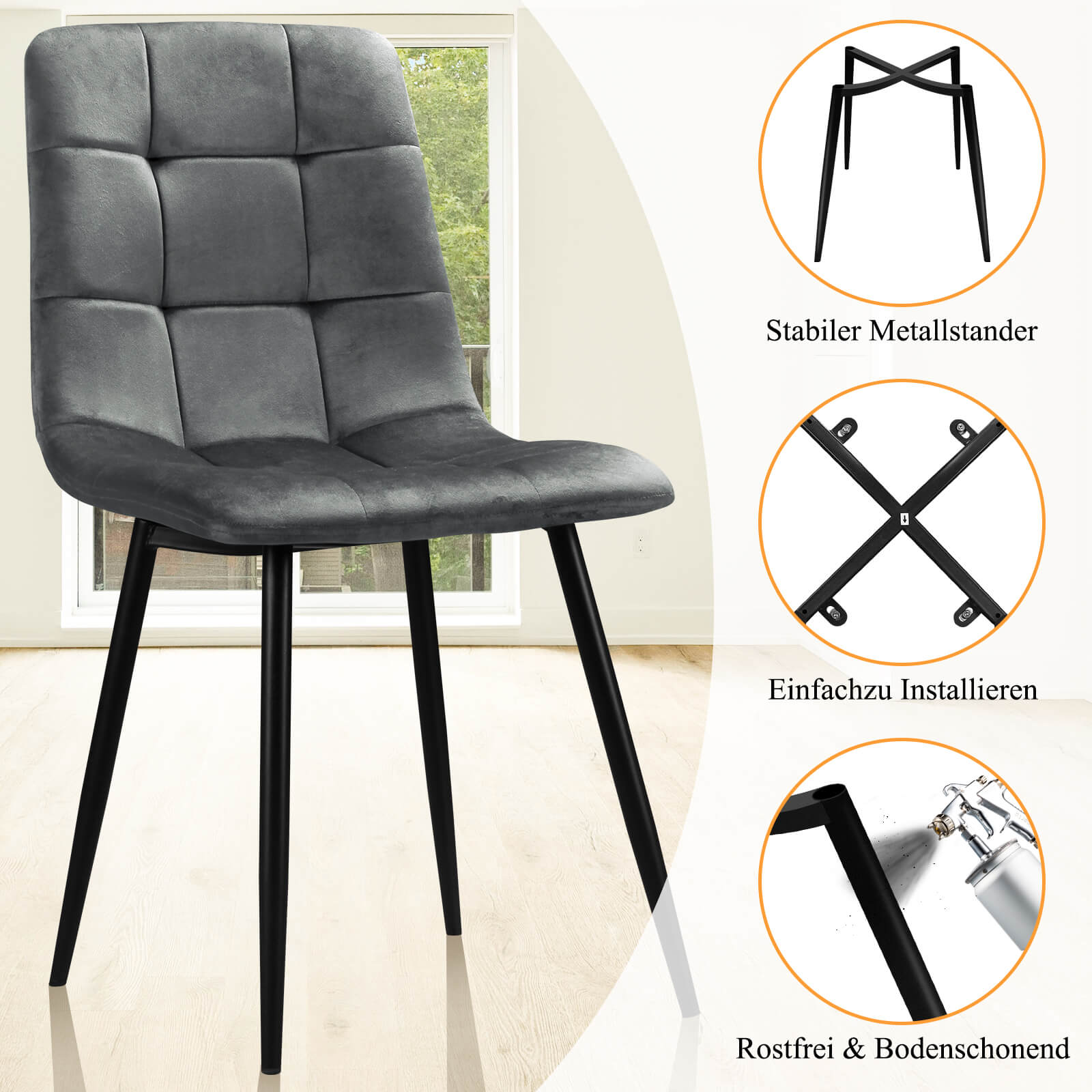 HOMELUX 4er Set Küchen Esszimmerstühle mit Rückenlehne & Samtbezug, ergonomische Sitzfläche, Metallbeine, 110 kg belastbar