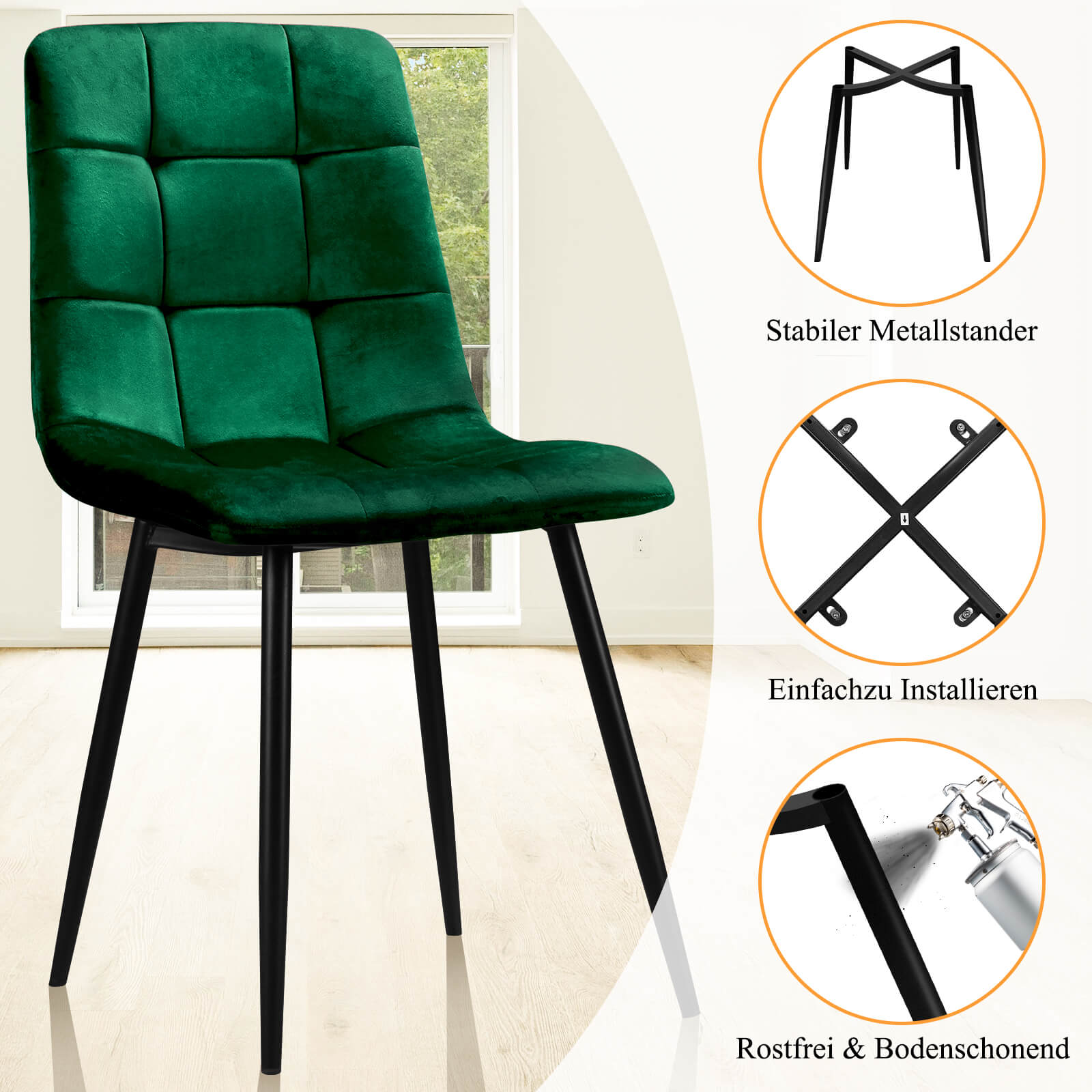 HOMELUX 4er Set Küchen Esszimmerstühle mit Rückenlehne & Samtbezug, ergonomische Sitzfläche, Metallbeine, 110 kg belastbar