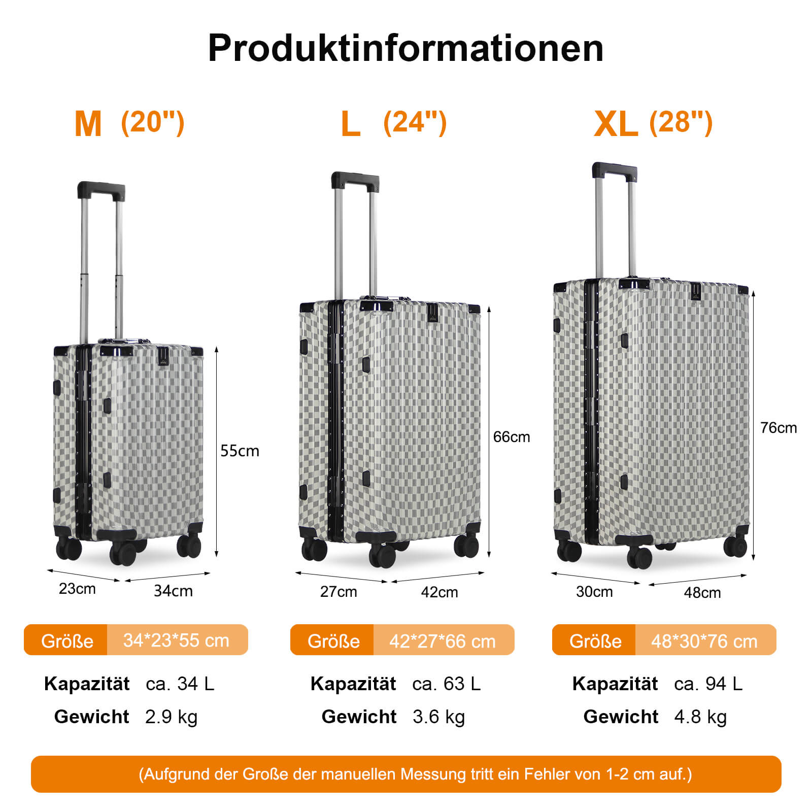 3-teiliges Kofferset Hartschalenkoffer ABS Leicht Trolley Rollkoffer Set M-L-XL Hartschale Reisekoffer