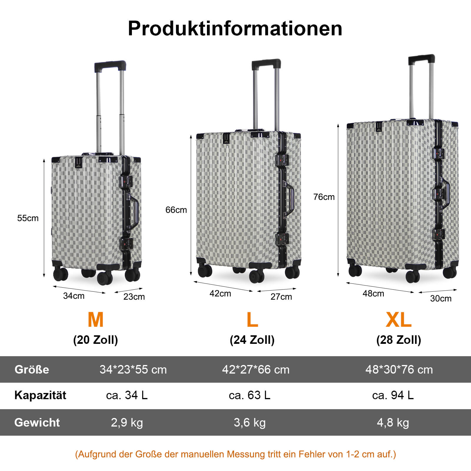 3-teiliges Kofferset Hartschalenkoffer ABS Leicht Trolley Rollkoffer Set M-L-XL Hartschale Reisekoffer