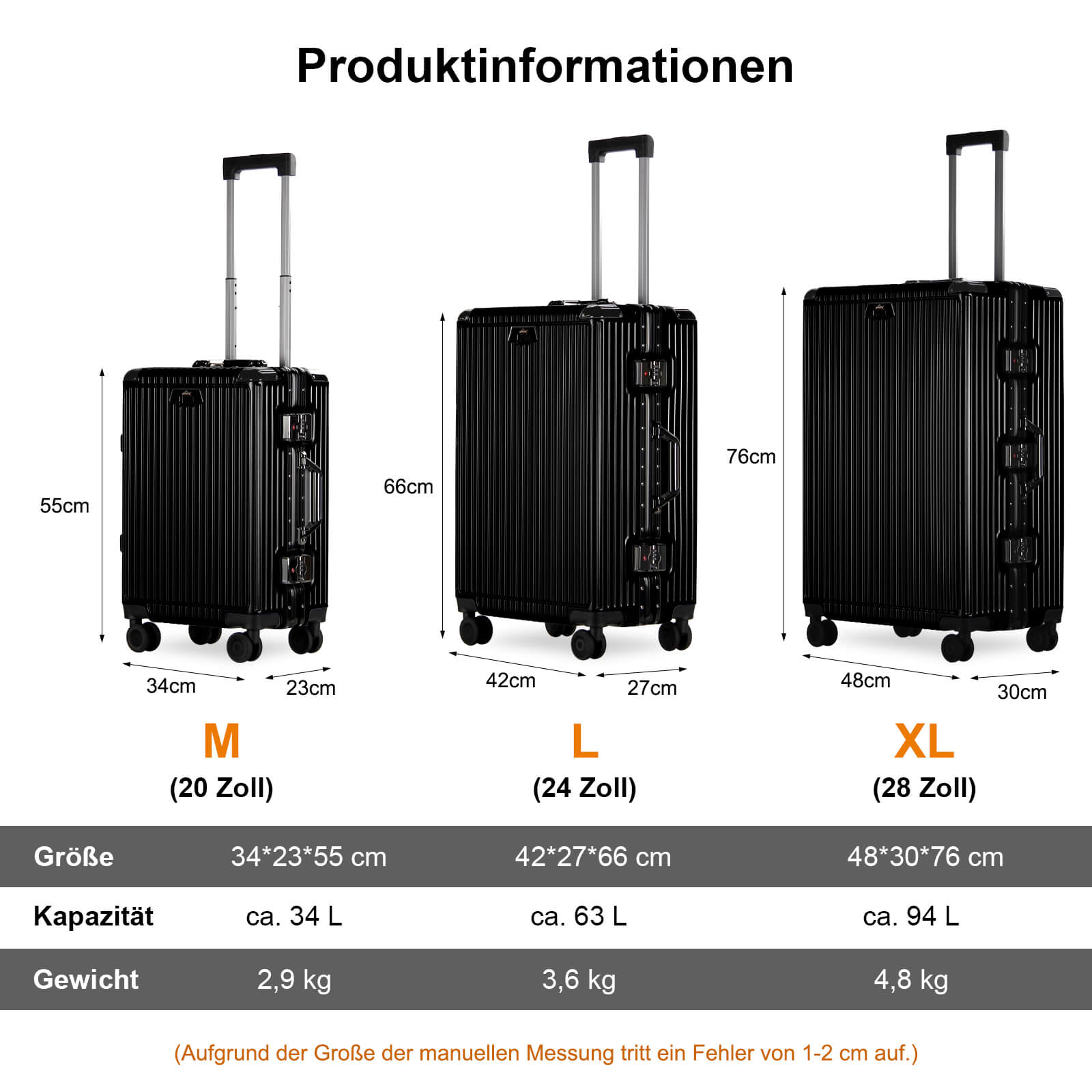 3-teiliges Kofferset Hartschalenkoffer ABS Leicht Trolley Rollkoffer Set M-L-XL Hartschale Reisekoffer