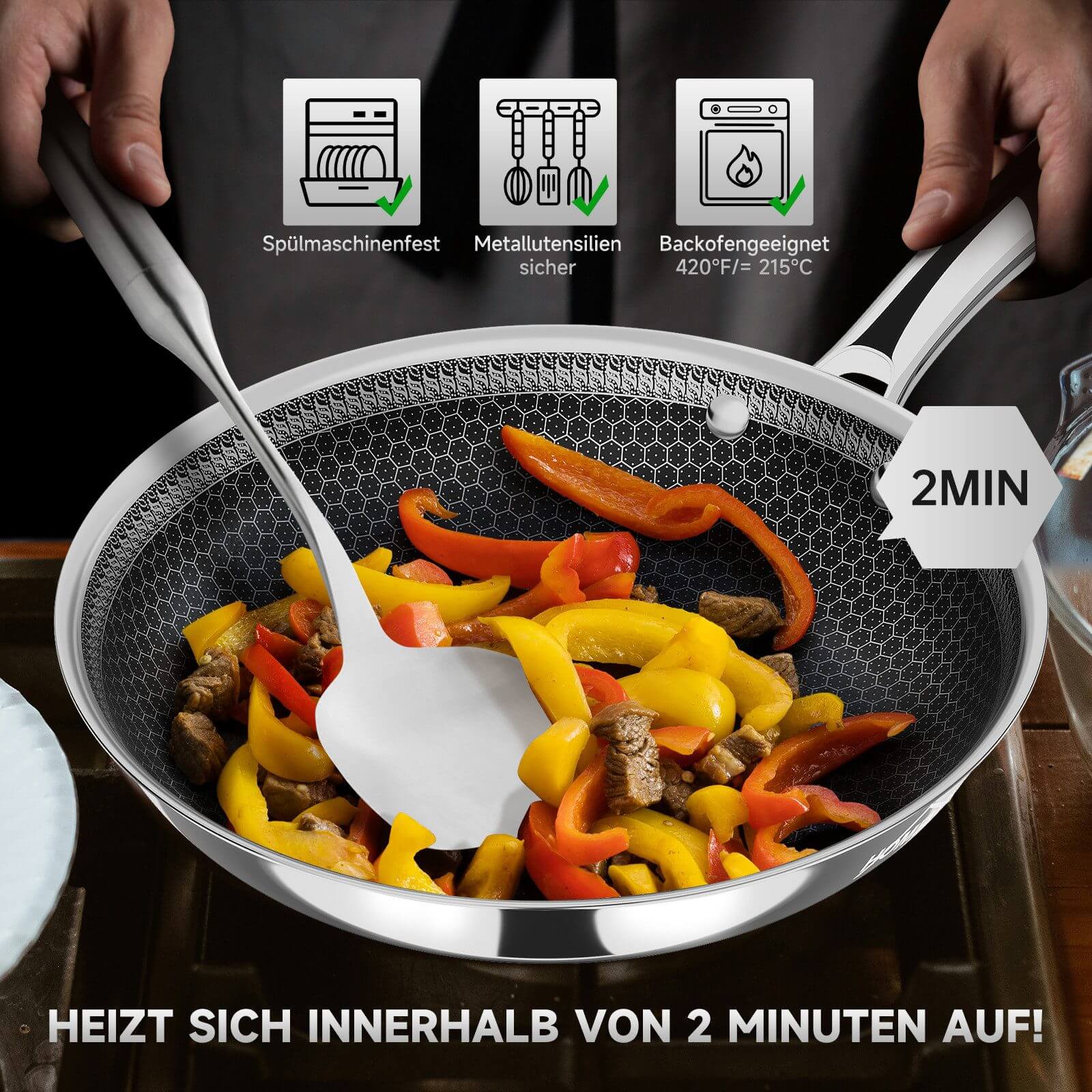 Edelstahlbratpfanne mit dreischichtigem Verbundboden für Induktionsherde