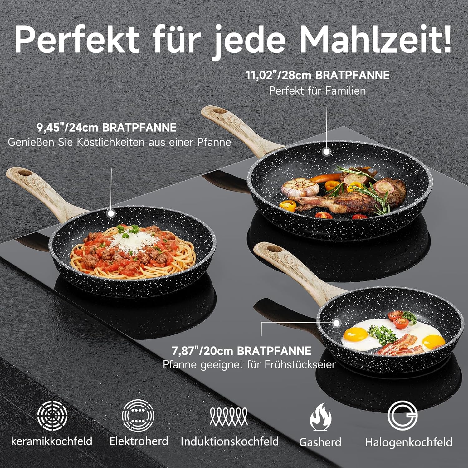 HOMELUX Pfannenset 3-teilig 20/24/28 cm, Antihaft Bratpfannen aus Kohlenstoffstahl mit Holzgriff, induktionsgeeignet