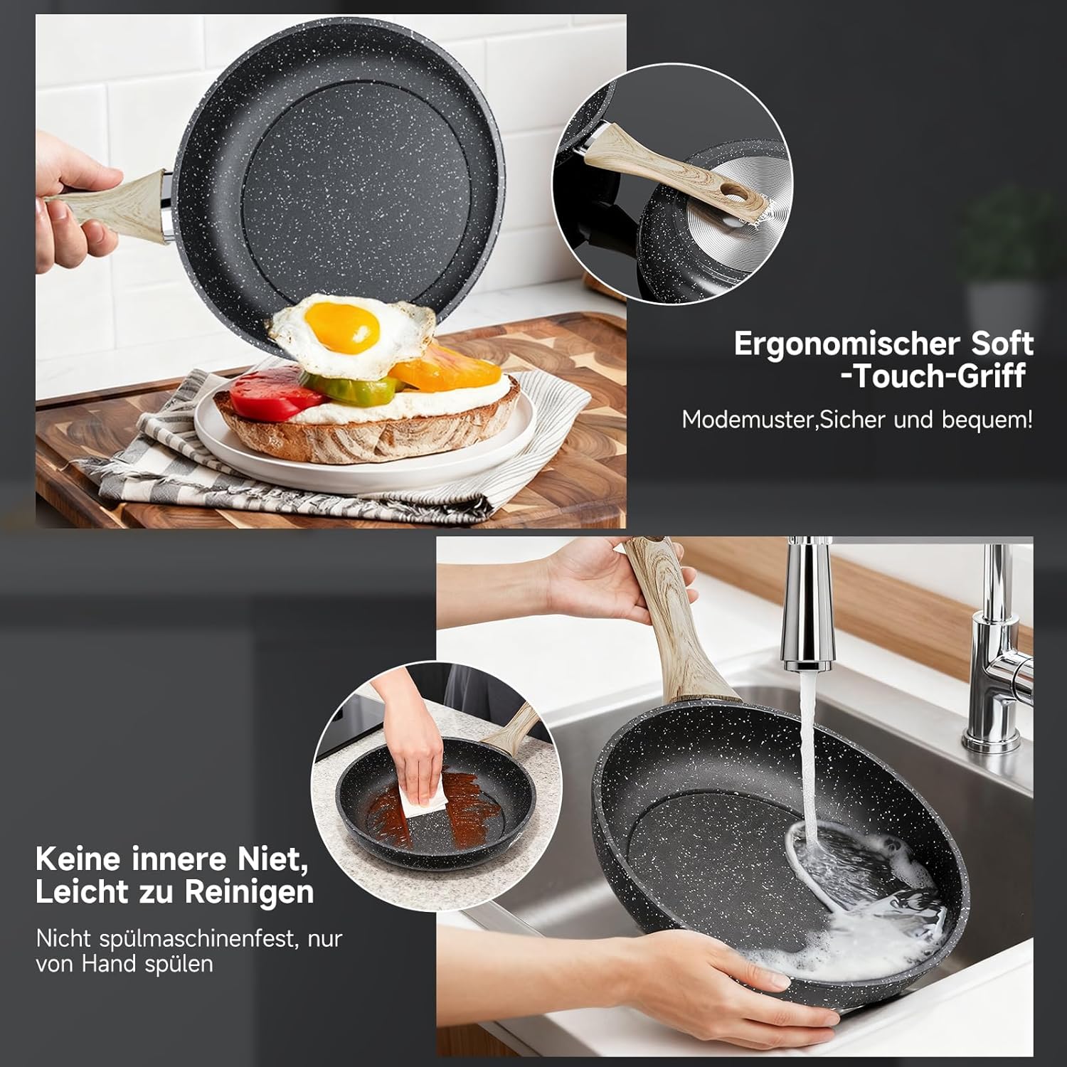 HOMELUX Pfannenset 3-teilig 20/24/28 cm, Antihaft Bratpfannen aus Kohlenstoffstahl mit Holzgriff, induktionsgeeignet