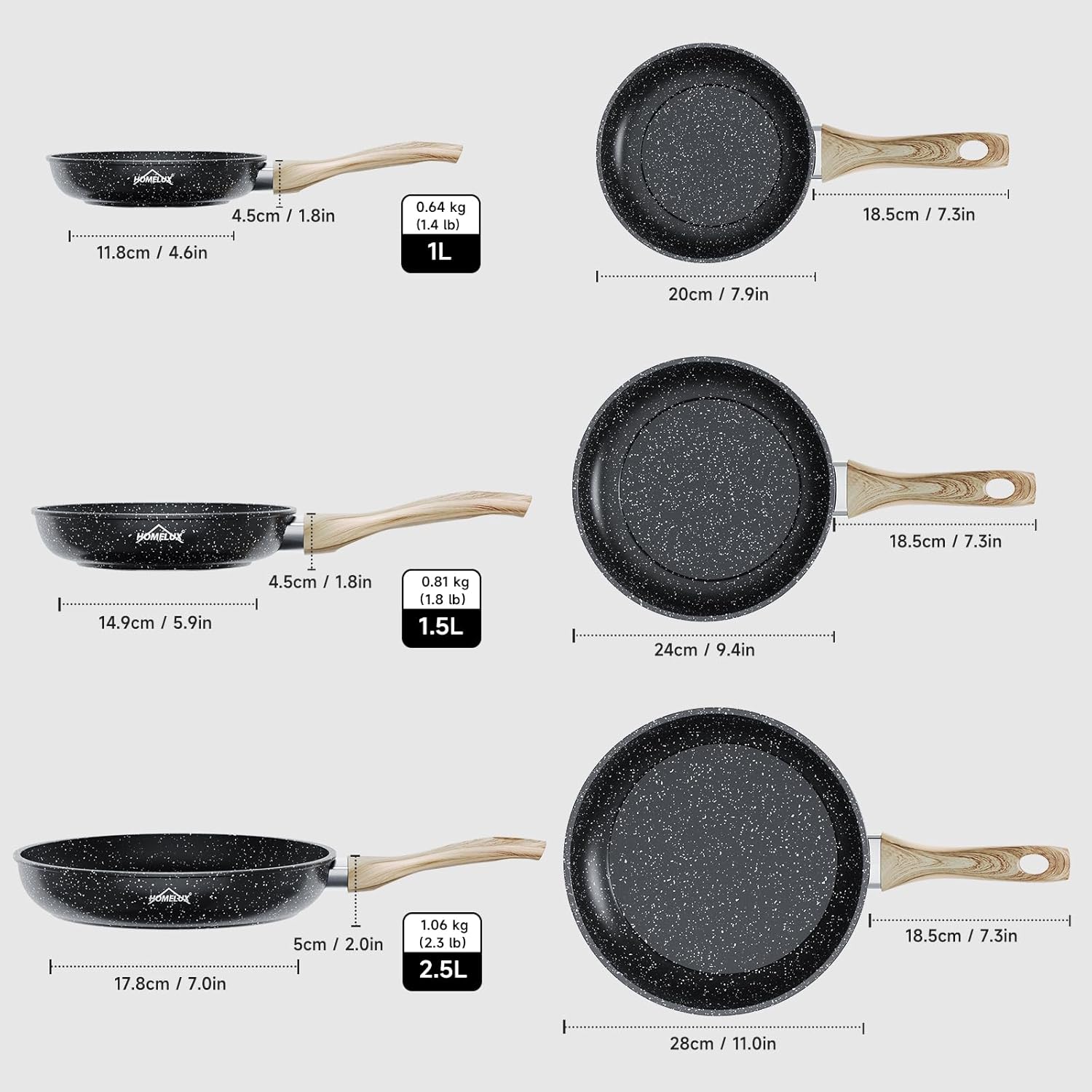 HOMELUX Pfannenset 3-teilig 20/24/28 cm, Antihaft Bratpfannen aus Kohlenstoffstahl mit Holzgriff, induktionsgeeignet
